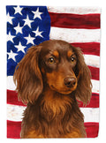 Longhaired Chocolate and Tan Dachshund American Flag House Flag 28x40 Porch Sleeve Pole Decorative Outside Yard Banner Artwork Wall Hanging, Polyester