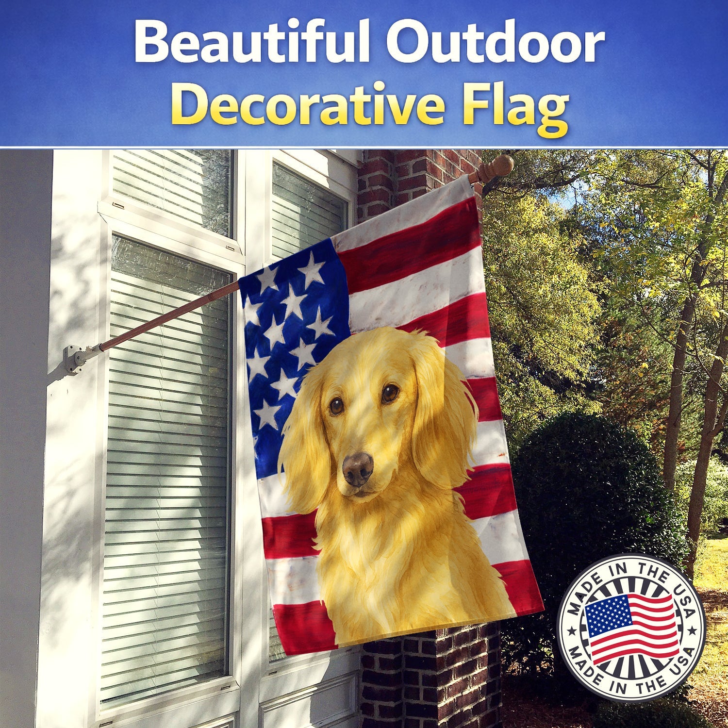 Longhaired Cream Dachshund American Flag House Flag 28x40 Porch Sleeve Pole Decorative Outside Yard Banner Artwork Wall Hanging, Polyester