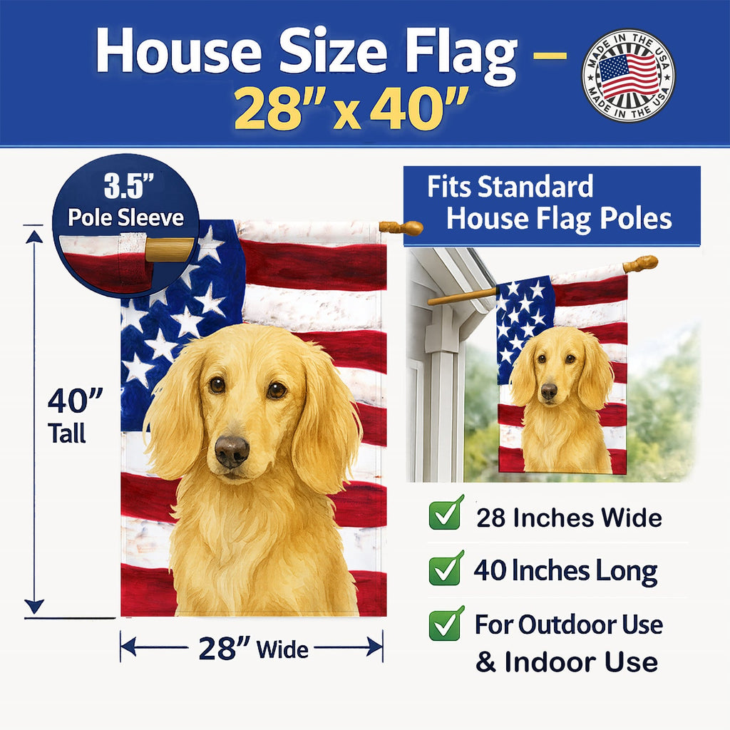 Longhaired Cream Dachshund American Flag House Flag 28x40 Porch Sleeve Pole Decorative Outside Yard Banner Artwork Wall Hanging, Polyester