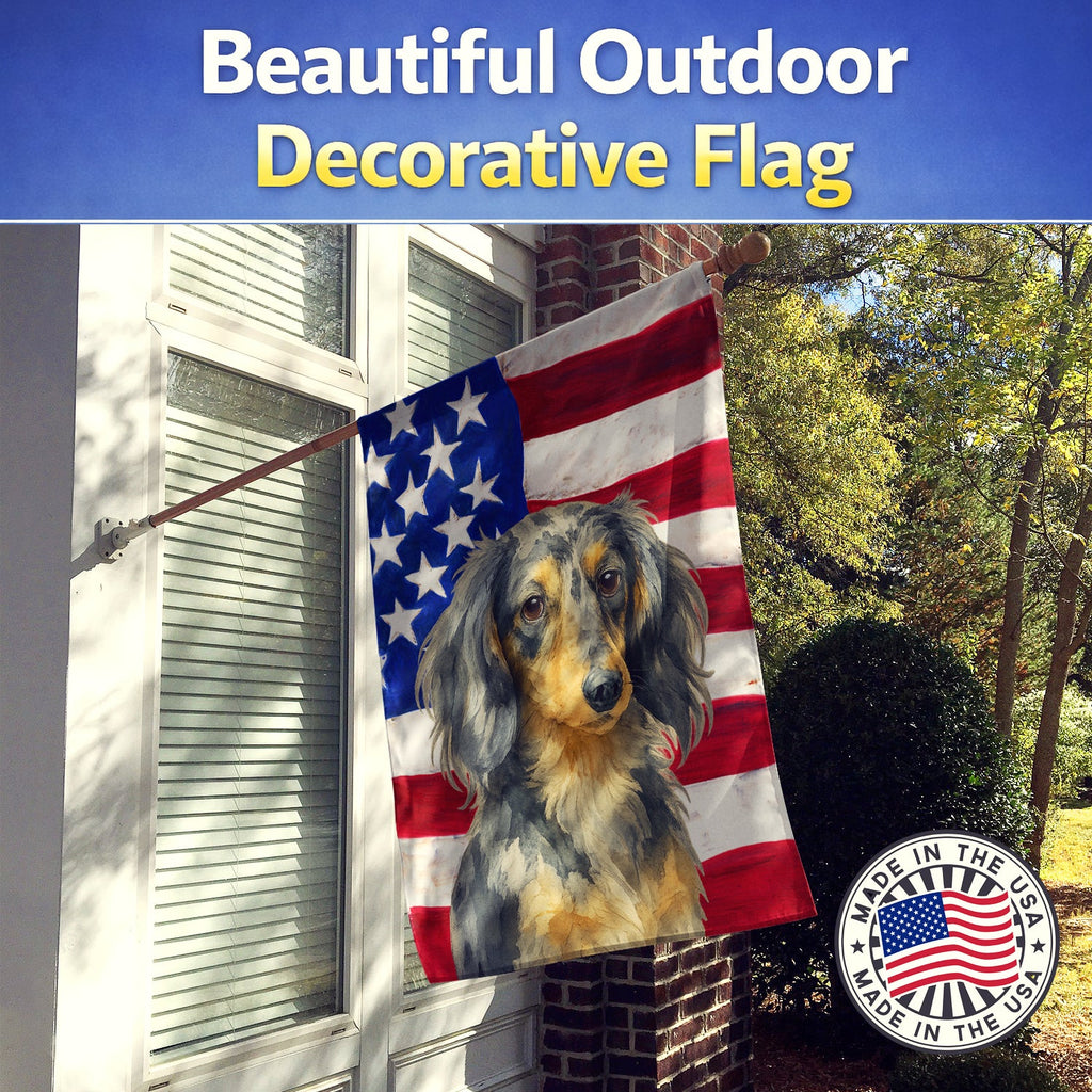 Longhaired Dapple Dachshund American Flag House Flag 28x40 Porch Sleeve Pole Decorative Outside Yard Banner Artwork Wall Hanging, Polyester