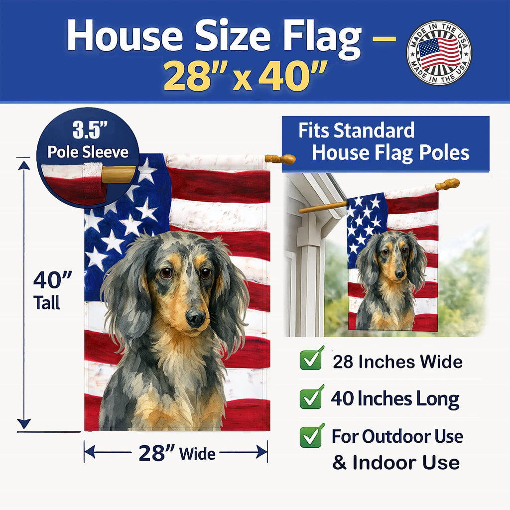 Longhaired Dapple Dachshund American Flag House Flag 28x40 Porch Sleeve Pole Decorative Outside Yard Banner Artwork Wall Hanging, Polyester