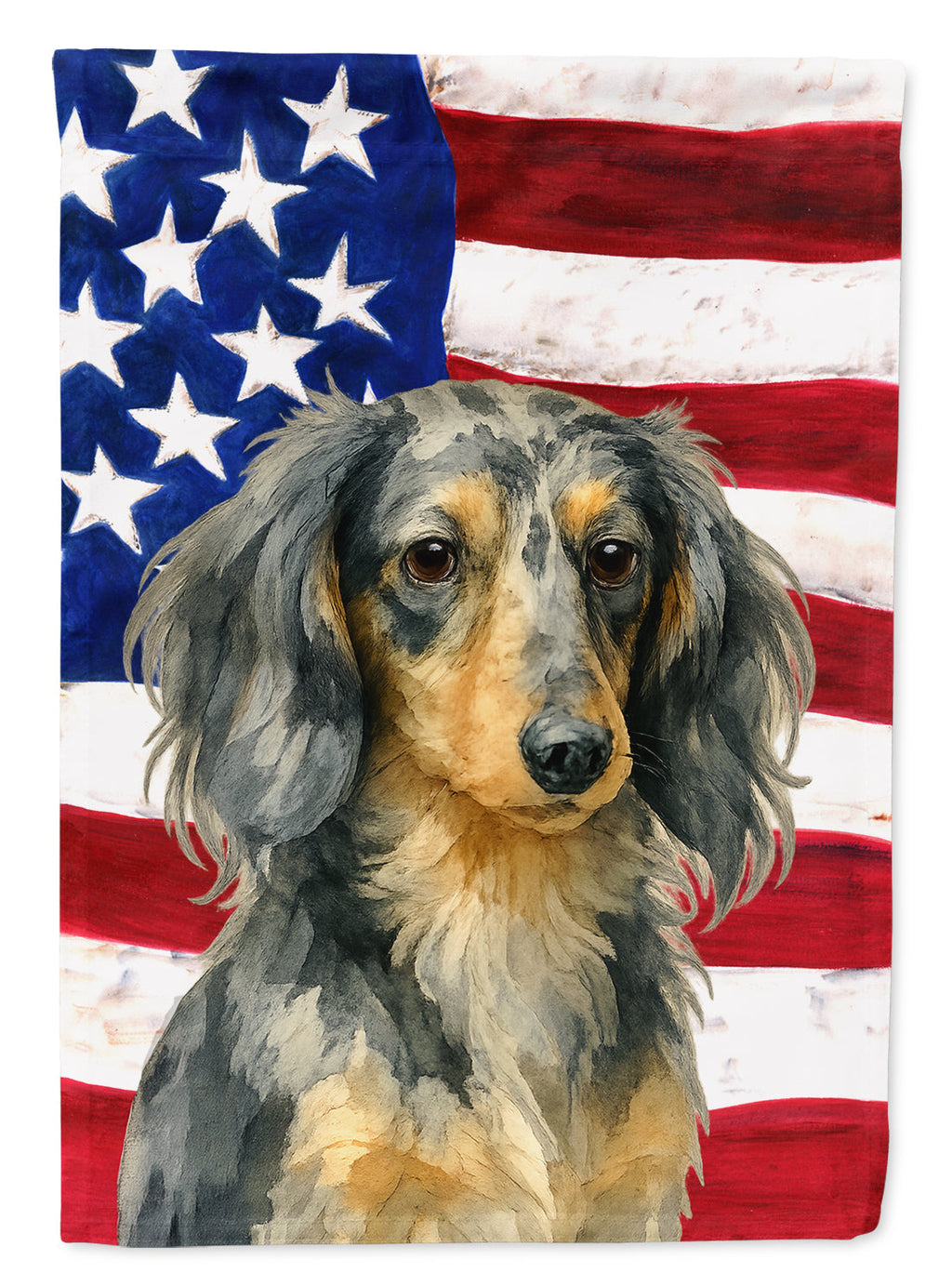 Longhaired Dapple Dachshund American Flag House Flag 28x40 Porch Sleeve Pole Decorative Outside Yard Banner Artwork Wall Hanging, Polyester