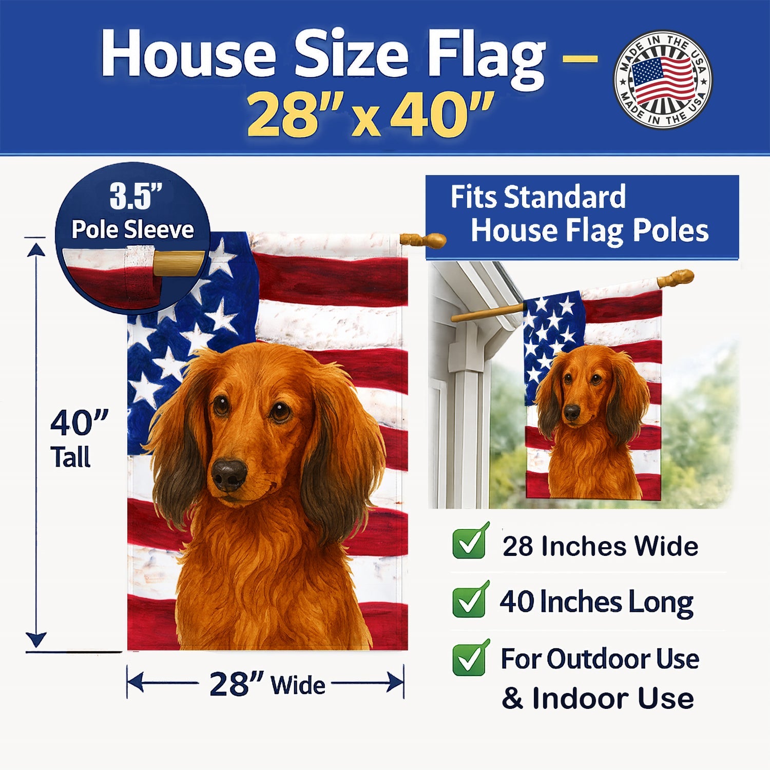 Longhaired Red Dachshund American Flag House Flag 28x40 Porch Sleeve Pole Decorative Outside Yard Banner Artwork Wall Hanging, Polyester