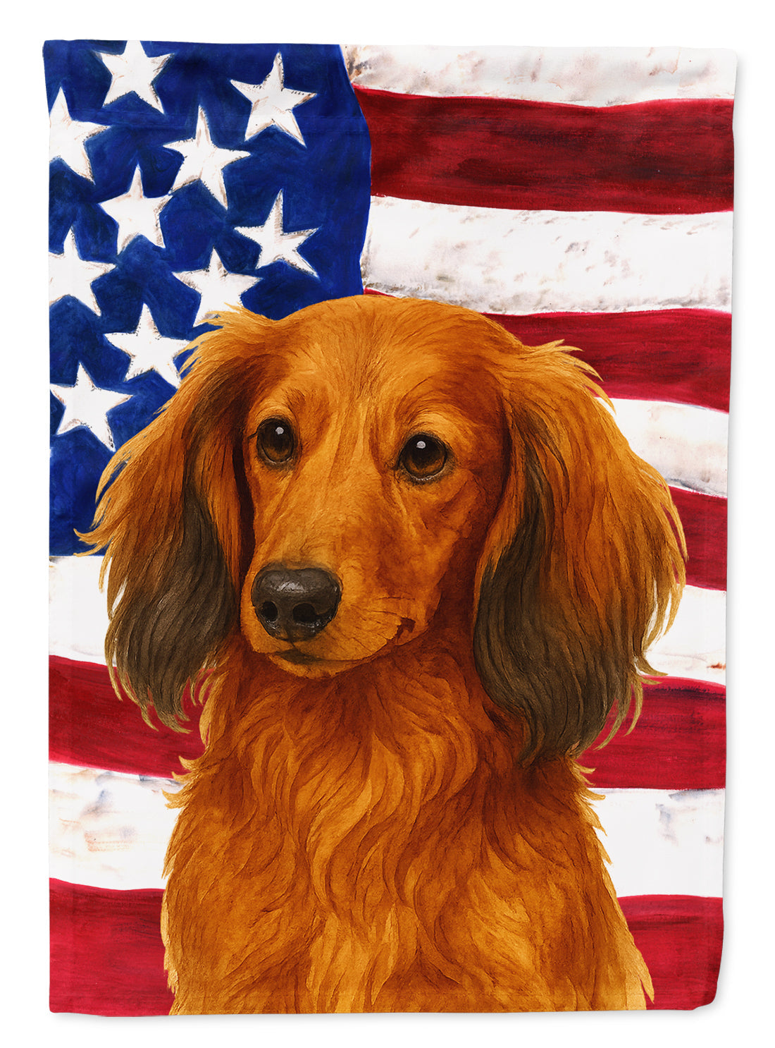 Longhaired Red Dachshund American Flag House Flag 28x40 Porch Sleeve Pole Decorative Outside Yard Banner Artwork Wall Hanging, Polyester