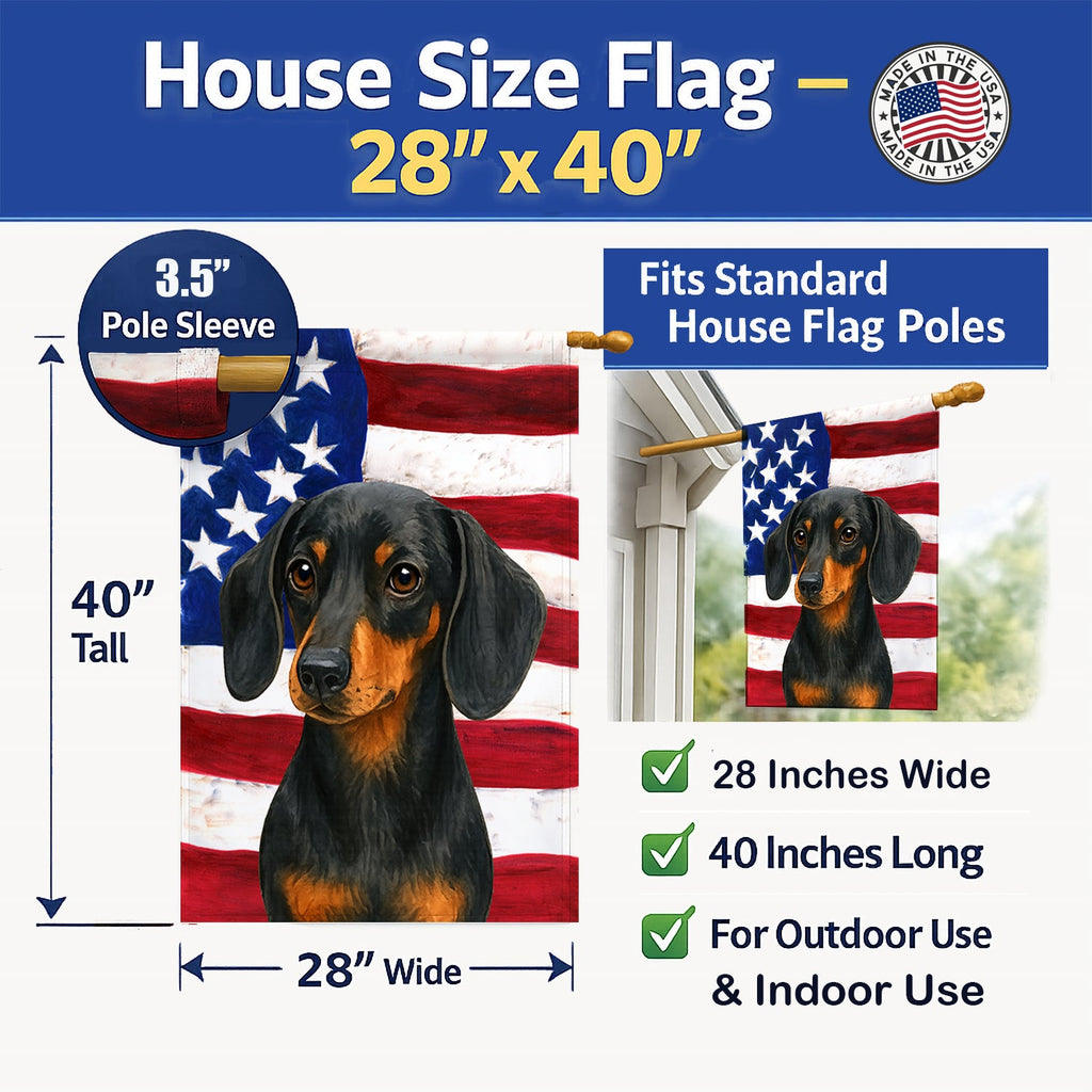 Black and Tan Dachshund American Flag House Flag 28x40 Porch Sleeve Pole Decorative Outside Yard Banner Artwork Wall Hanging, Polyester