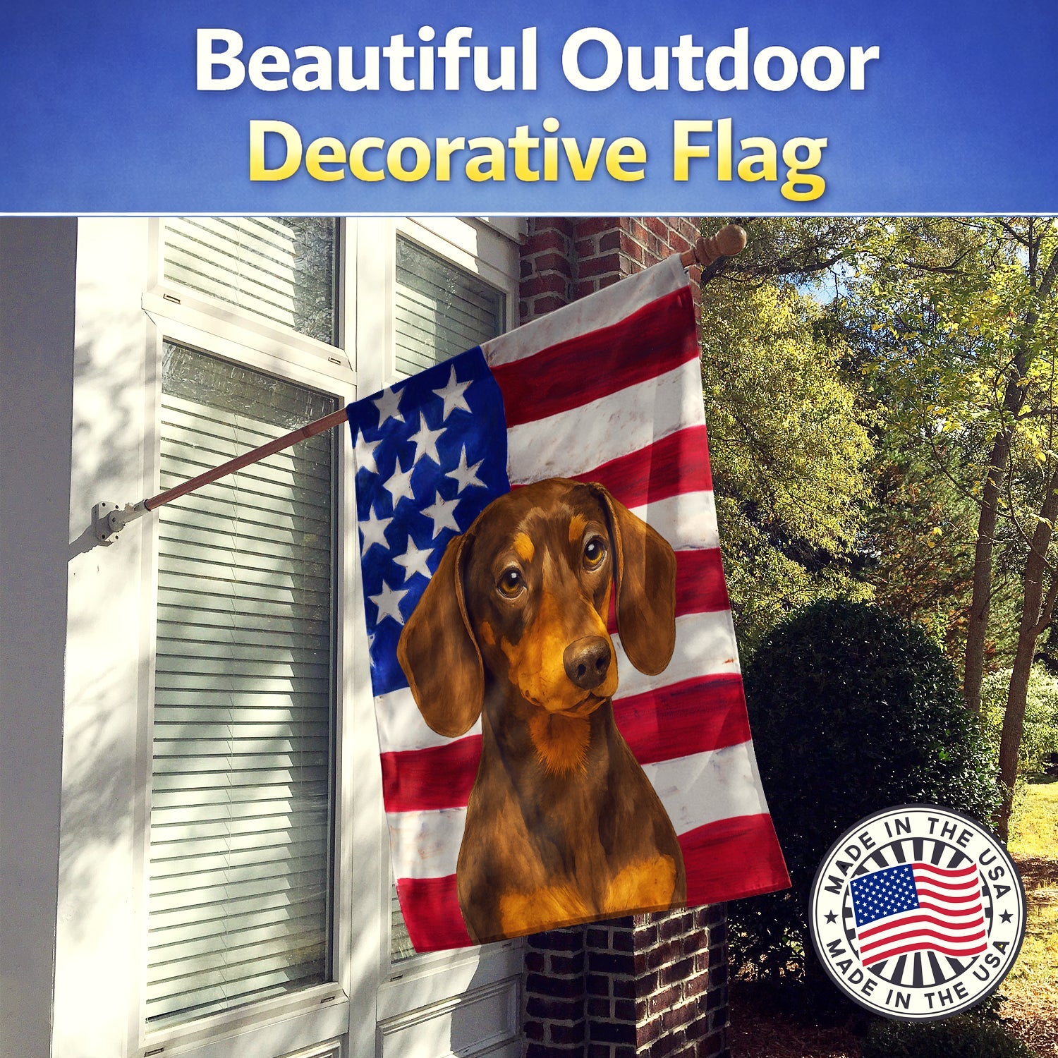 Chocolate and Tan Dachshund American Flag House Flag 28x40 Porch Sleeve Pole Decorative Outside Yard Banner Artwork Wall Hanging, Polyester