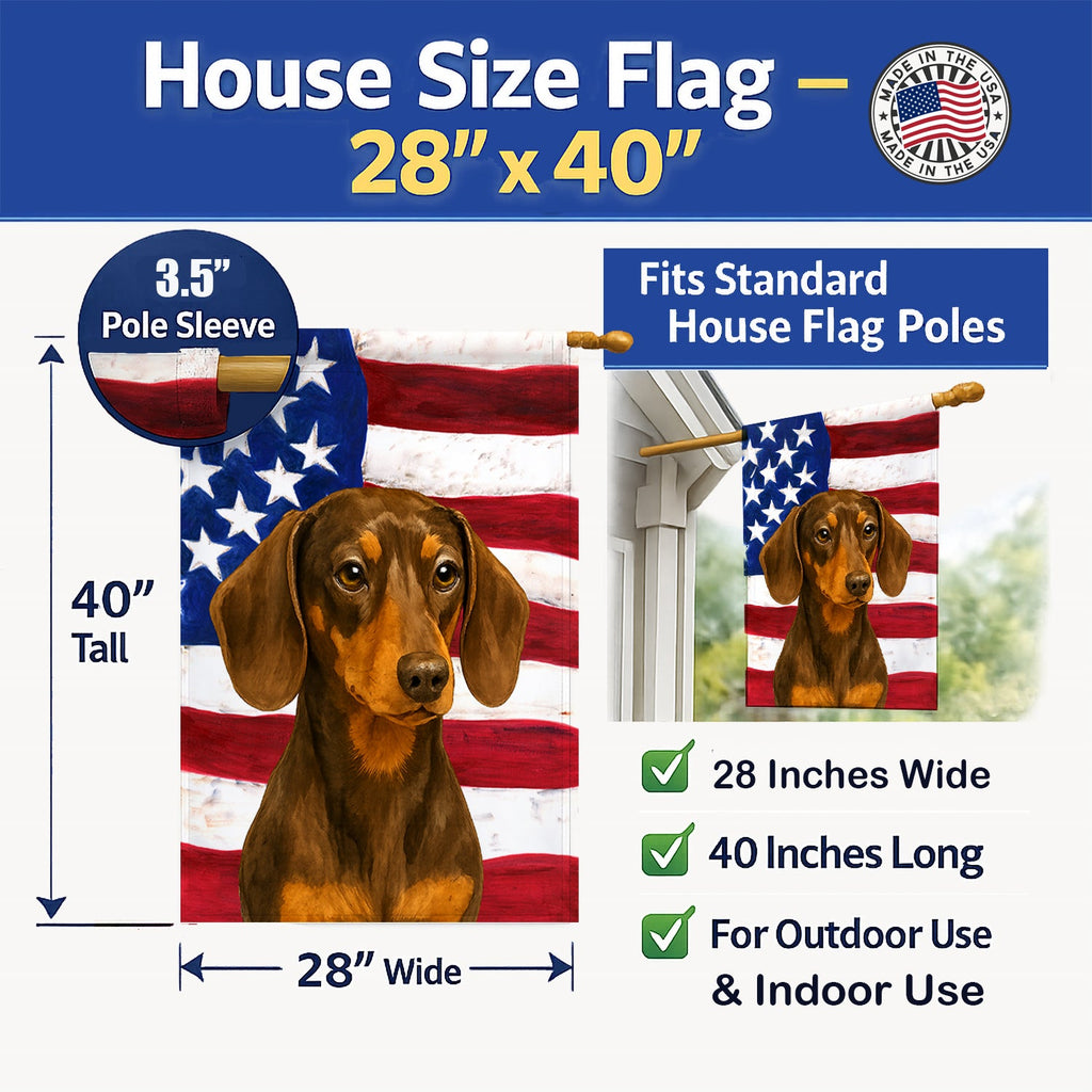 Chocolate and Tan Dachshund American Flag House Flag 28x40 Porch Sleeve Pole Decorative Outside Yard Banner Artwork Wall Hanging, Polyester