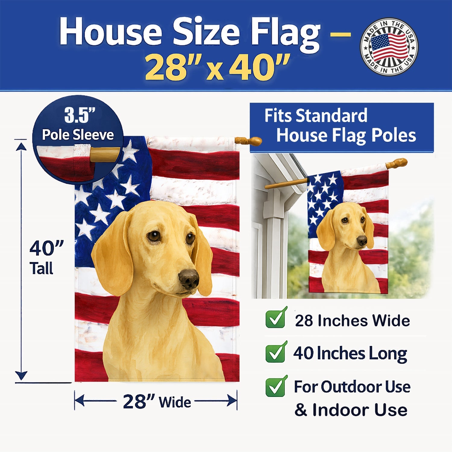 Cream Dachshund American Flag House Flag 28x40 Porch Sleeve Pole Decorative Outside Yard Banner Artwork Wall Hanging, Polyester