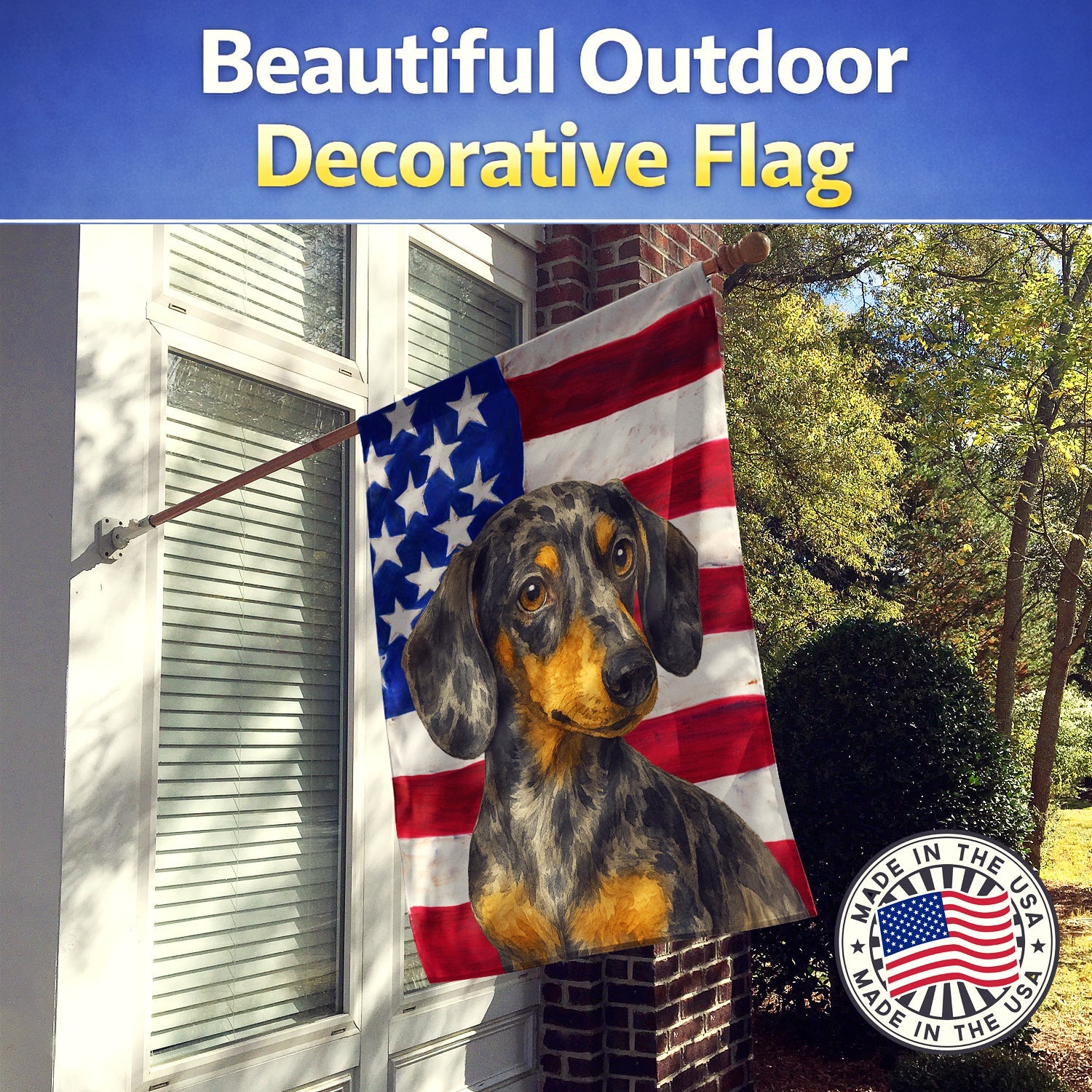 Dapple Dachshund American Flag House Flag 28x40 Porch Sleeve Pole Decorative Outside Yard Banner Artwork Wall Hanging, Polyester