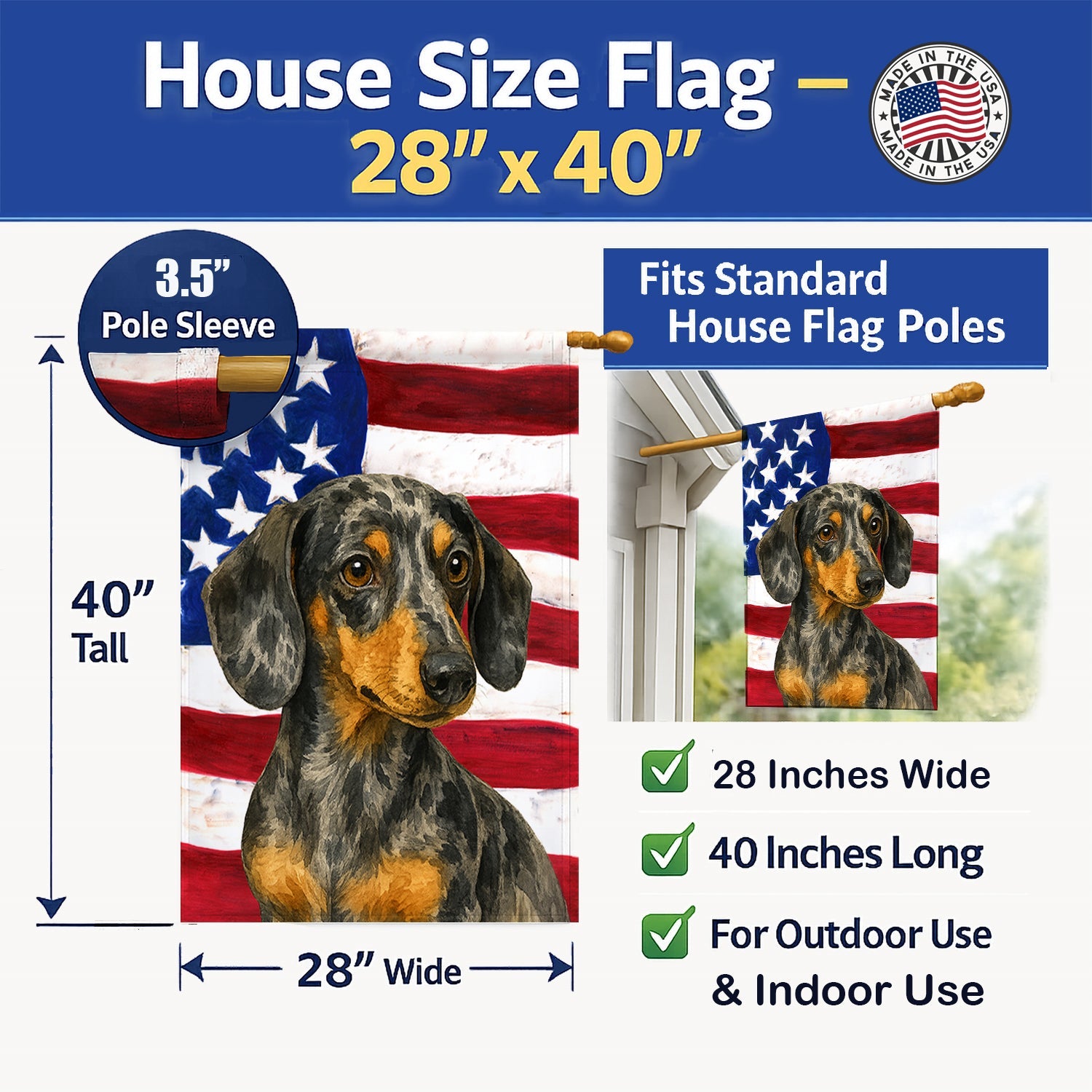 Dapple Dachshund American Flag House Flag 28x40 Porch Sleeve Pole Decorative Outside Yard Banner Artwork Wall Hanging, Polyester