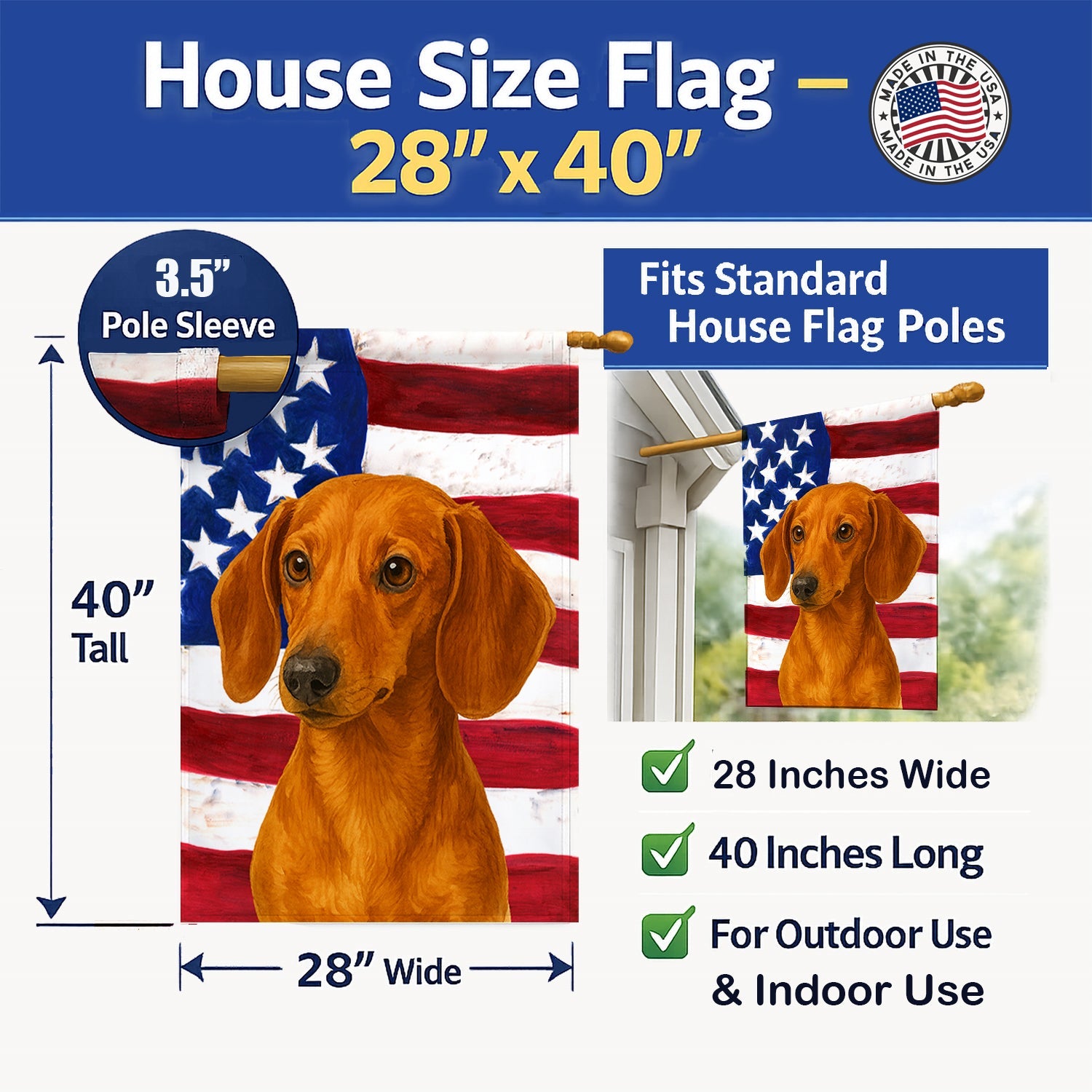 Red Dachshund American Flag House Flag 28x40 Porch Sleeve Pole Decorative Outside Yard Banner Artwork Wall Hanging, Polyester
