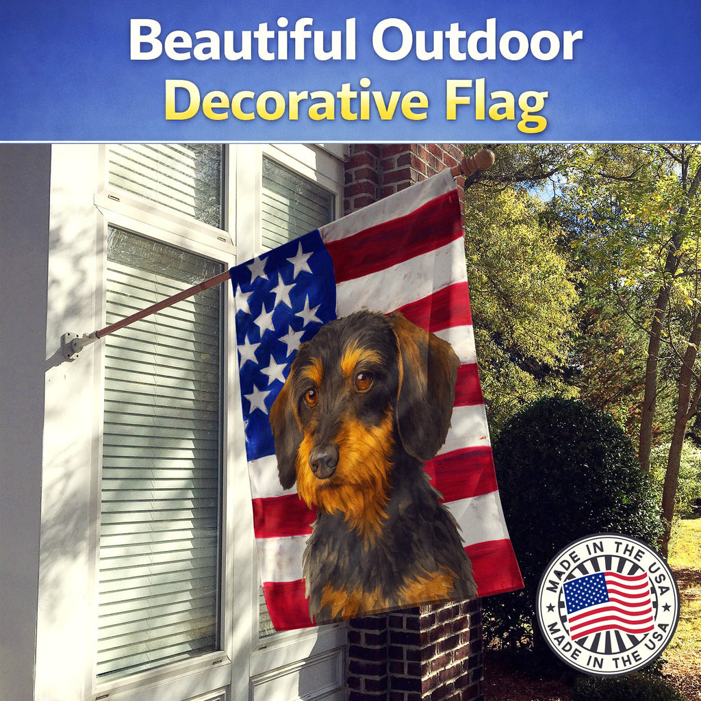 Wirehaired Black and Tan Dachshund American Flag House Flag 28x40 Porch Sleeve Pole Decorative Outside Yard Banner Artwork Wall Hanging, Polyester