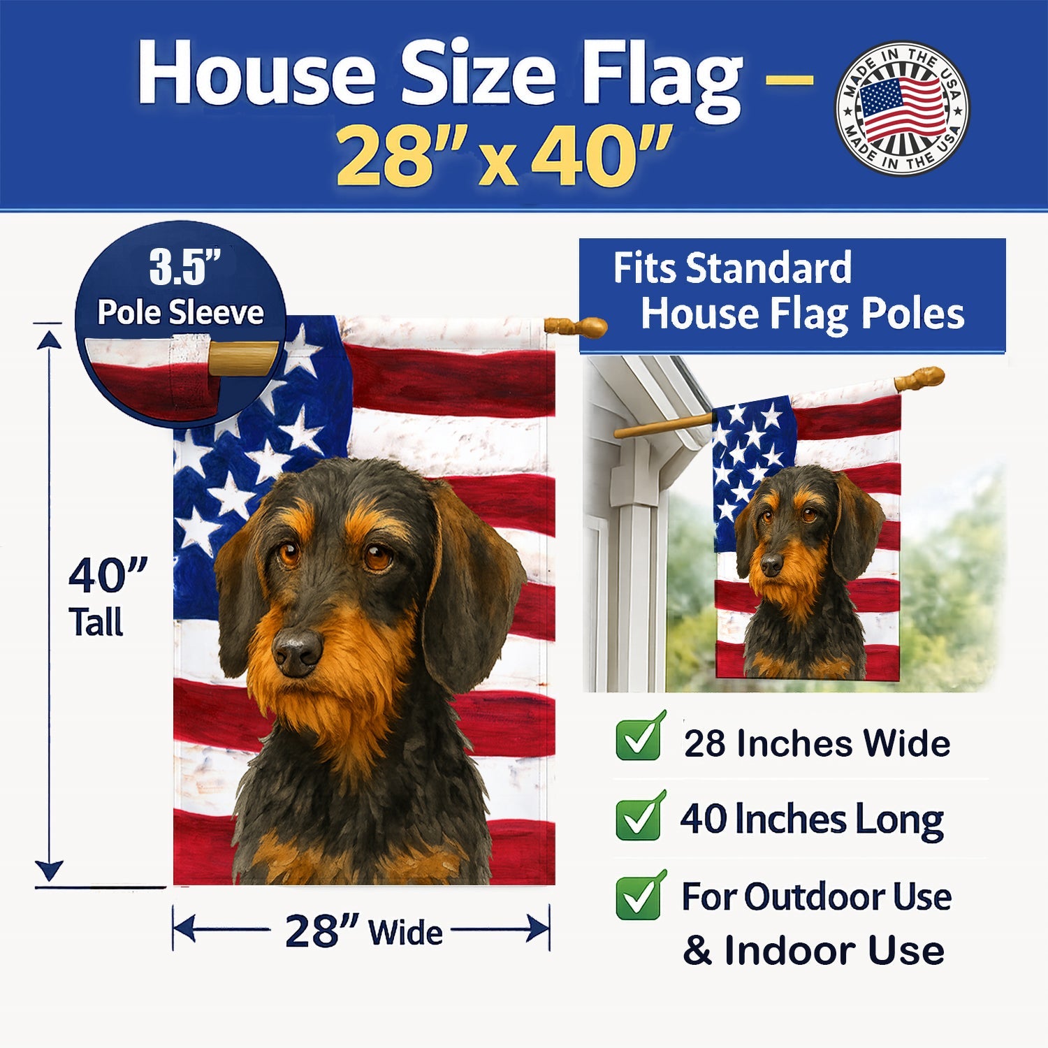 Wirehaired Black and Tan Dachshund American Flag House Flag 28x40 Porch Sleeve Pole Decorative Outside Yard Banner Artwork Wall Hanging, Polyester