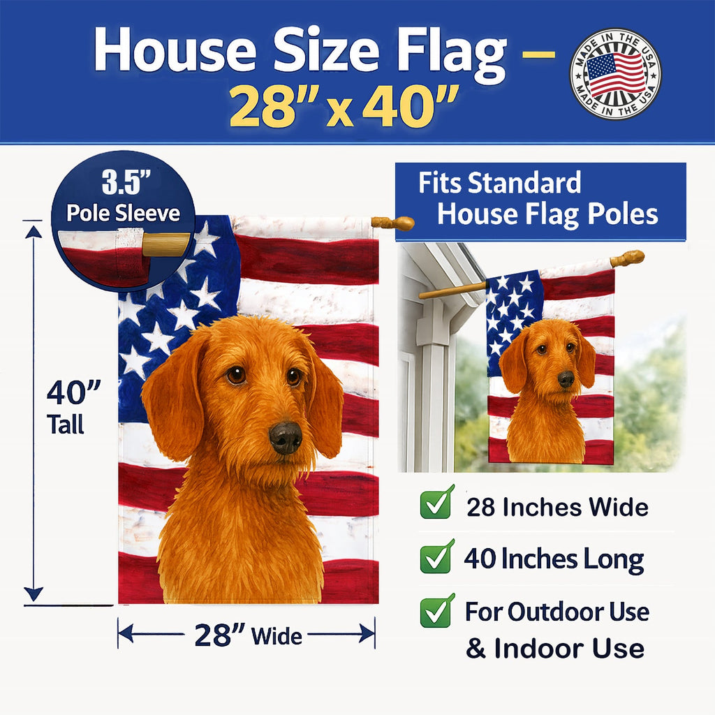 Wirehaired Red Dachshund American Flag House Flag 28x40 Porch Sleeve Pole Decorative Outside Yard Banner Artwork Wall Hanging, Polyester