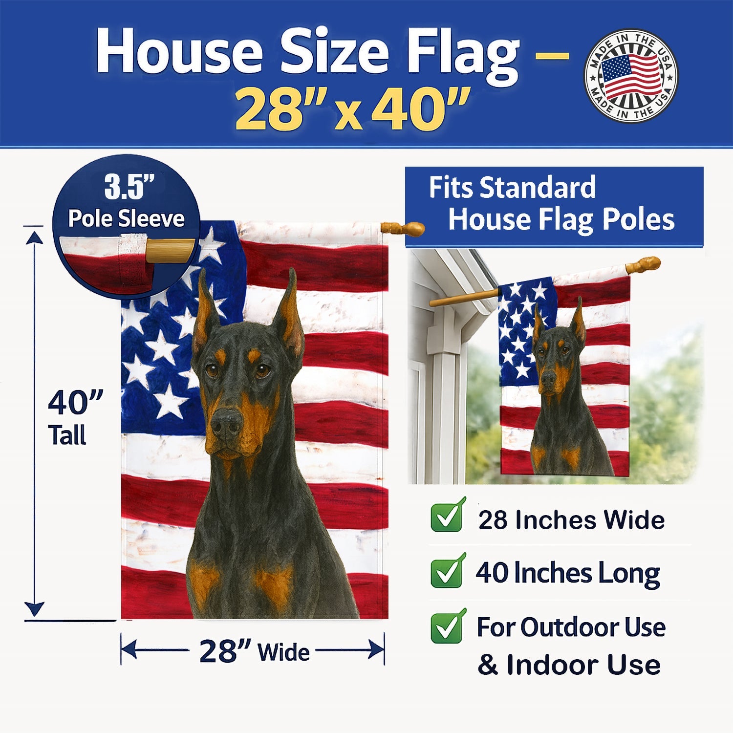 Doberman Pinscher American Flag House Flag 28x40 Porch Sleeve Pole Decorative Outside Yard Banner Artwork Wall Hanging, Polyester