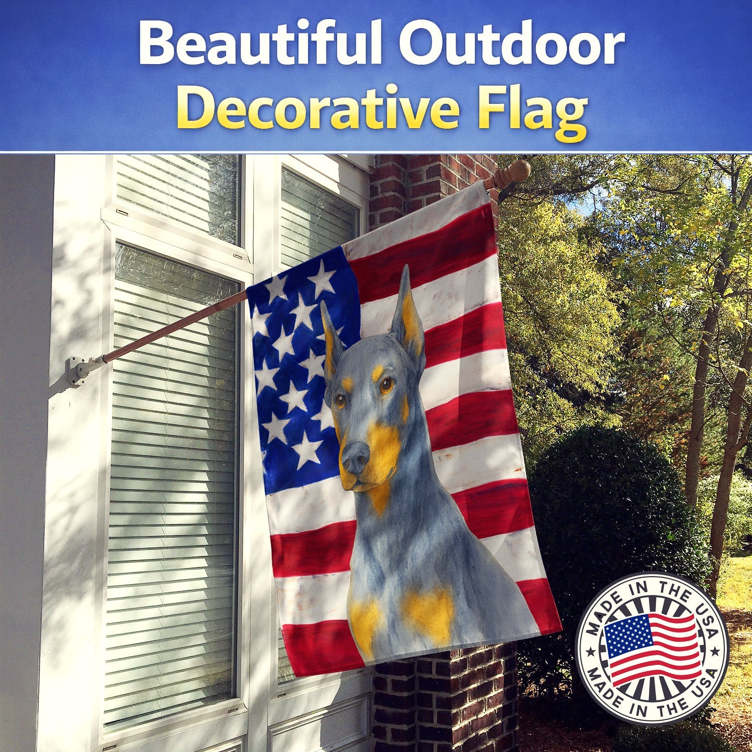 Blue Doberman Pinscher American Flag House Flag 28x40 Porch Sleeve Pole Decorative Outside Yard Banner Artwork Wall Hanging, Polyester