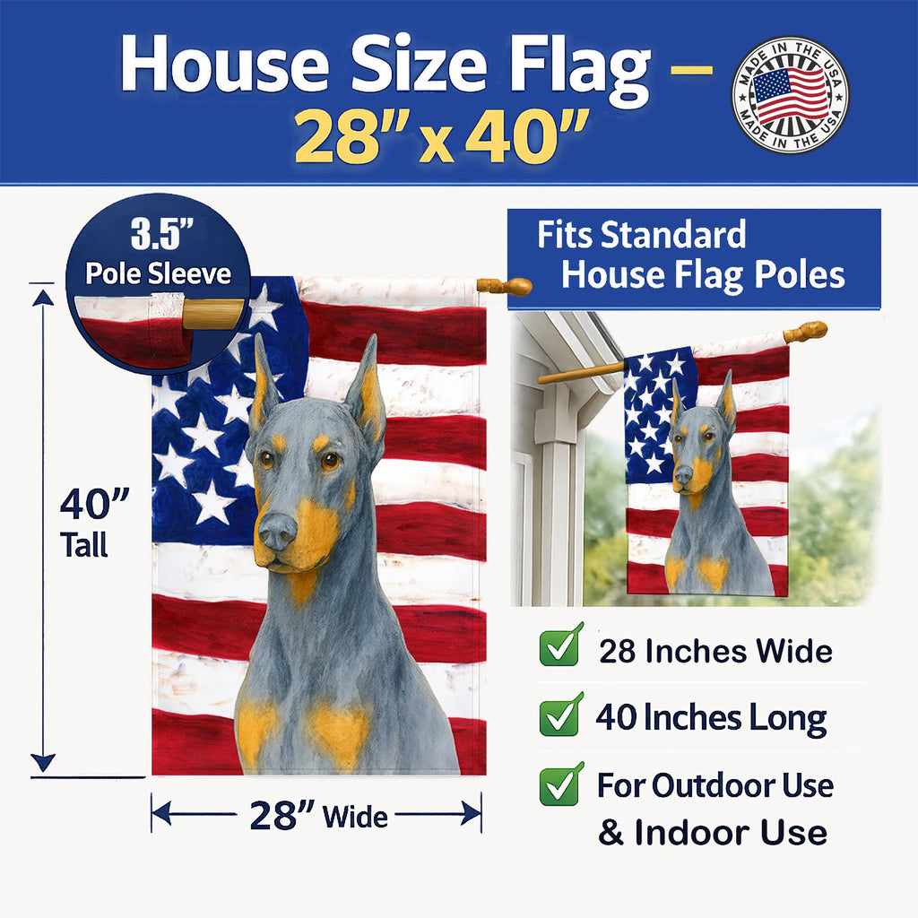 Blue Doberman Pinscher American Flag House Flag 28x40 Porch Sleeve Pole Decorative Outside Yard Banner Artwork Wall Hanging, Polyester