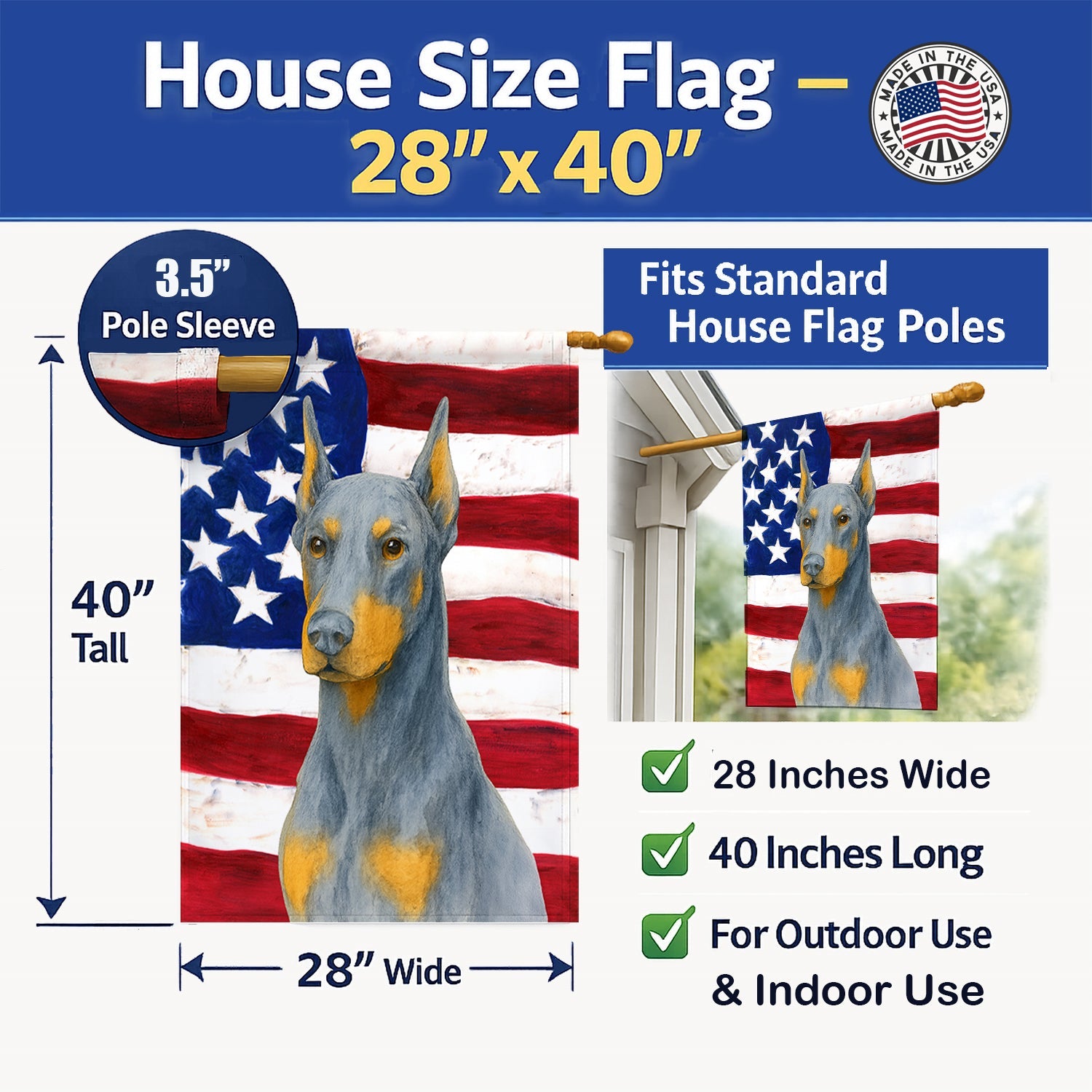 Blue Doberman Pinscher American Flag House Flag 28x40 Porch Sleeve Pole Decorative Outside Yard Banner Artwork Wall Hanging, Polyester