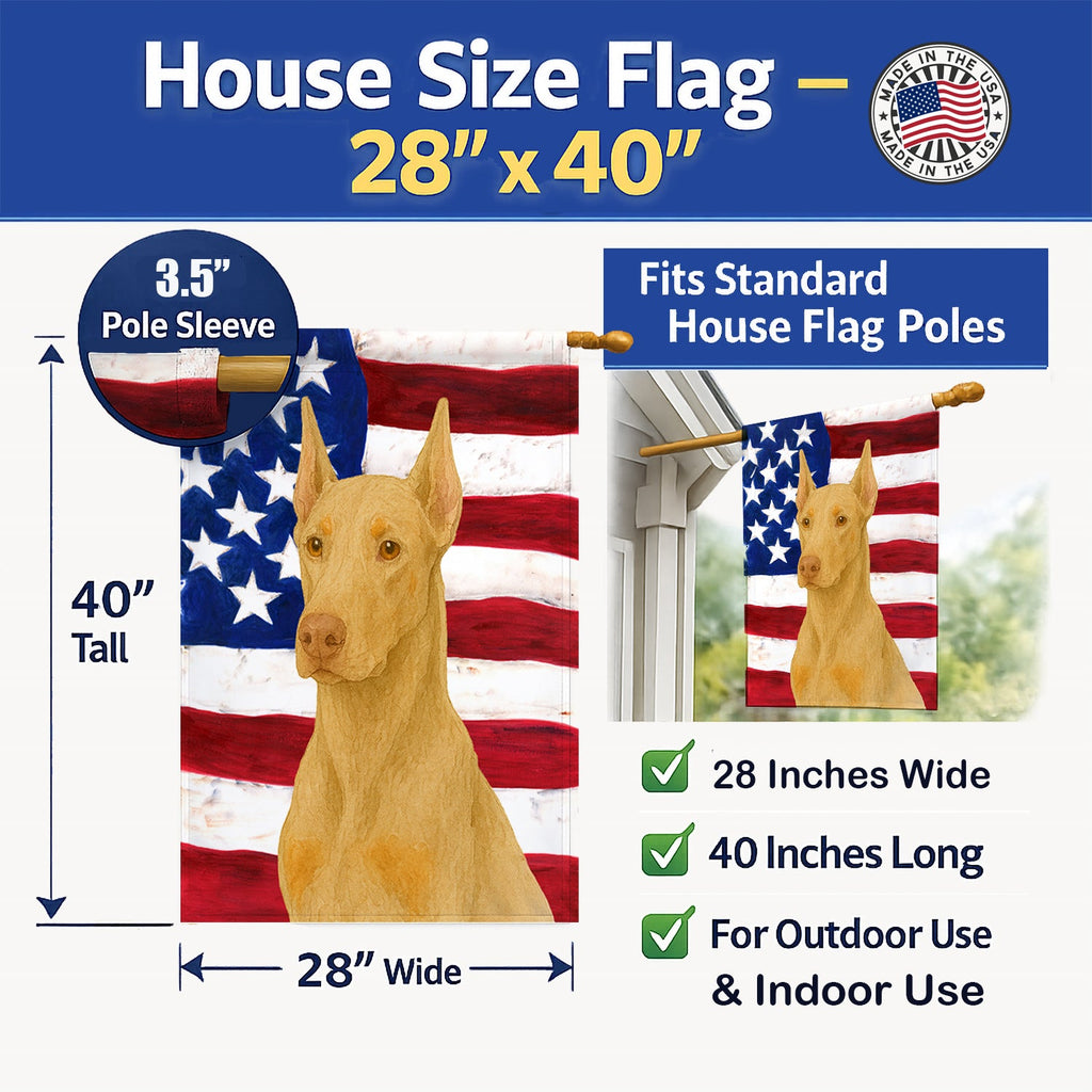 Fawn Doberman Pinscher American Flag House Flag 28x40 Porch Sleeve Pole Decorative Outside Yard Banner Artwork Wall Hanging, Polyester