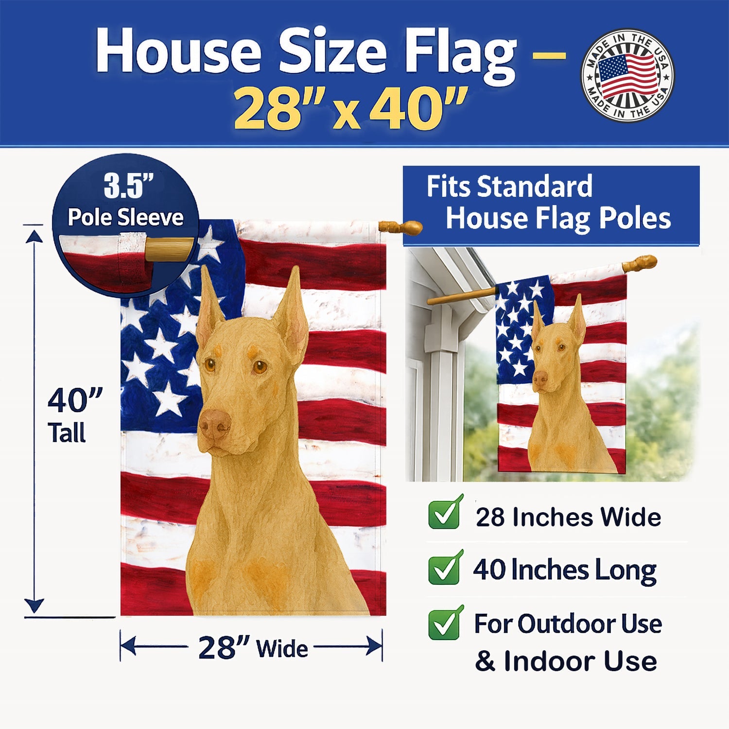 Fawn Doberman Pinscher American Flag House Flag 28x40 Porch Sleeve Pole Decorative Outside Yard Banner Artwork Wall Hanging, Polyester