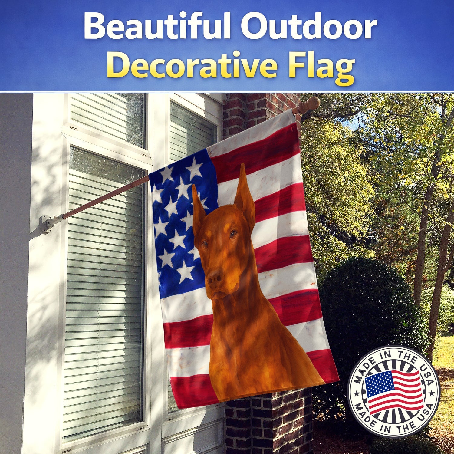 Red Doberman Pinscher American Flag House Flag 28x40 Porch Sleeve Pole Decorative Outside Yard Banner Artwork Wall Hanging, Polyester