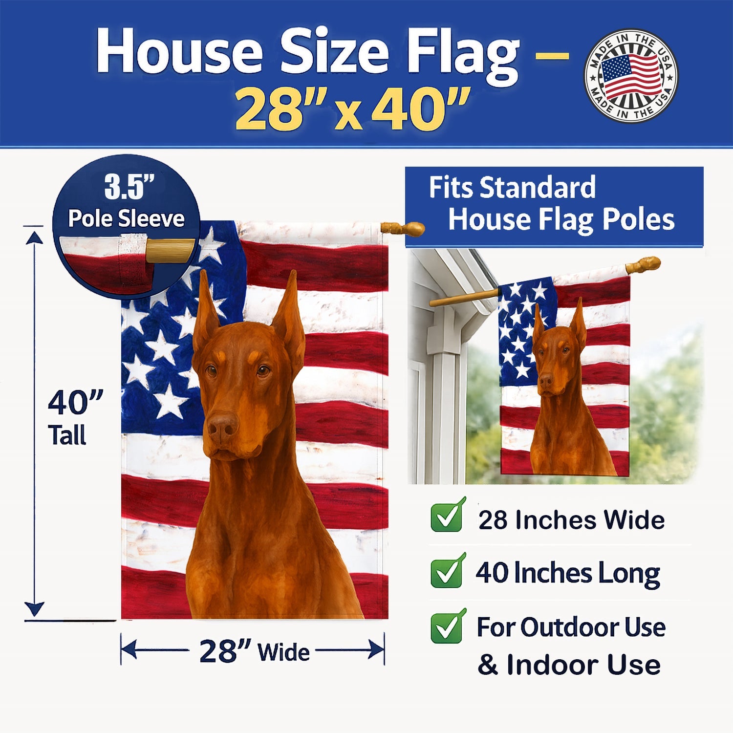 Red Doberman Pinscher American Flag House Flag 28x40 Porch Sleeve Pole Decorative Outside Yard Banner Artwork Wall Hanging, Polyester