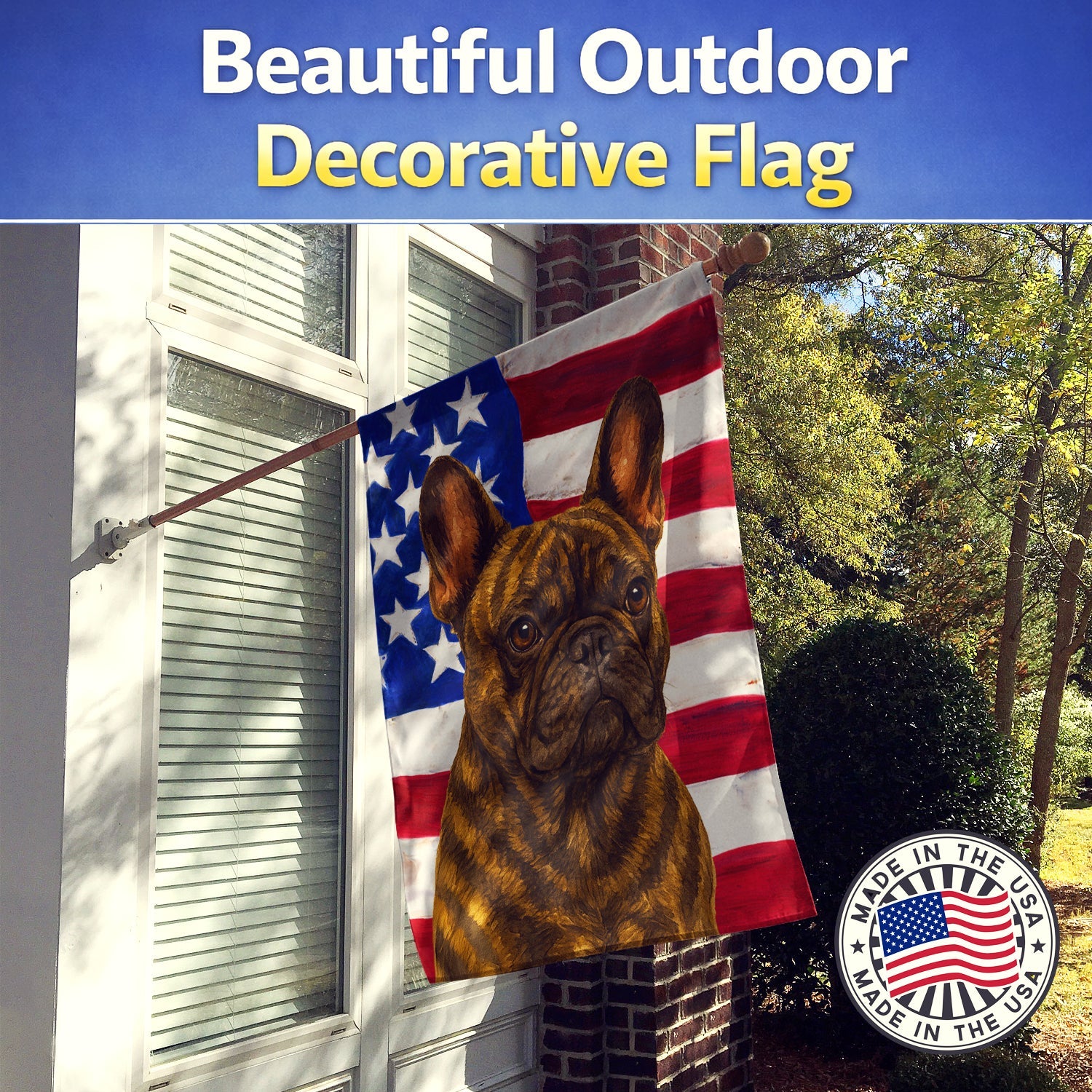 Brindle French Bulldog American Flag House Flag 28x40 Porch Sleeve Pole Decorative Outside Yard Banner Artwork Wall Hanging, Polyester