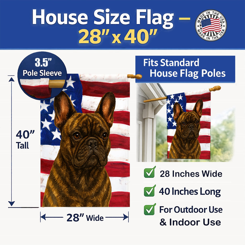 Brindle French Bulldog American Flag House Flag 28x40 Porch Sleeve Pole Decorative Outside Yard Banner Artwork Wall Hanging, Polyester
