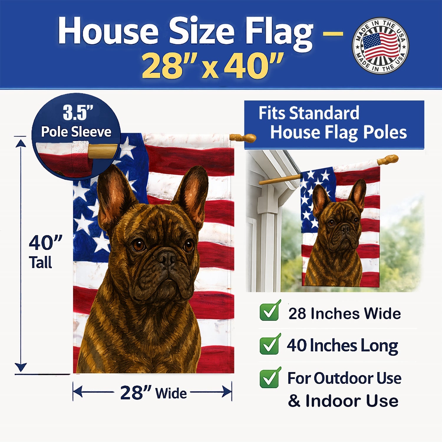 Brindle French Bulldog American Flag House Flag 28x40 Porch Sleeve Pole Decorative Outside Yard Banner Artwork Wall Hanging, Polyester