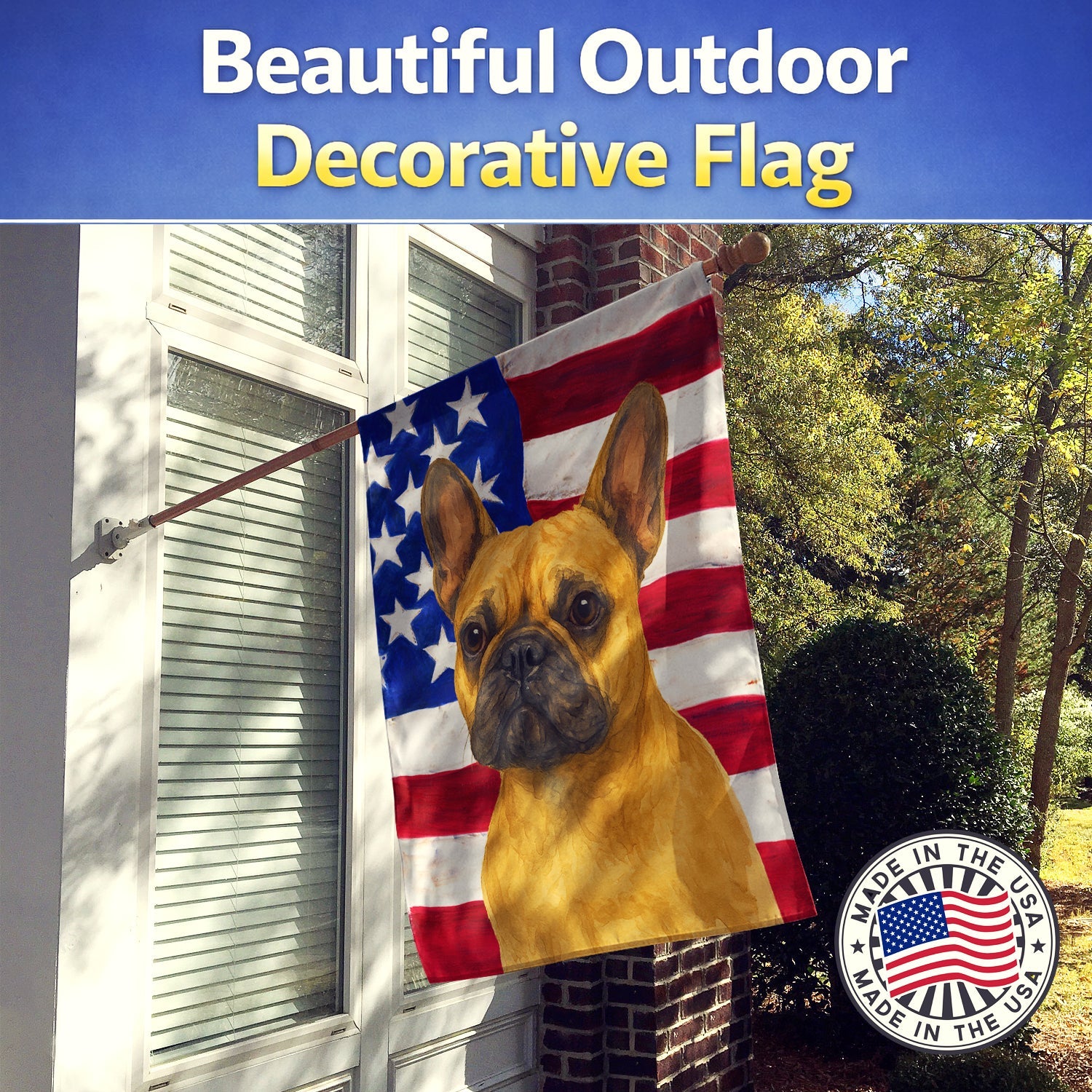 Fawn French Bulldog American Flag House Flag 28x40 Porch Sleeve Pole Decorative Outside Yard Banner Artwork Wall Hanging, Polyester