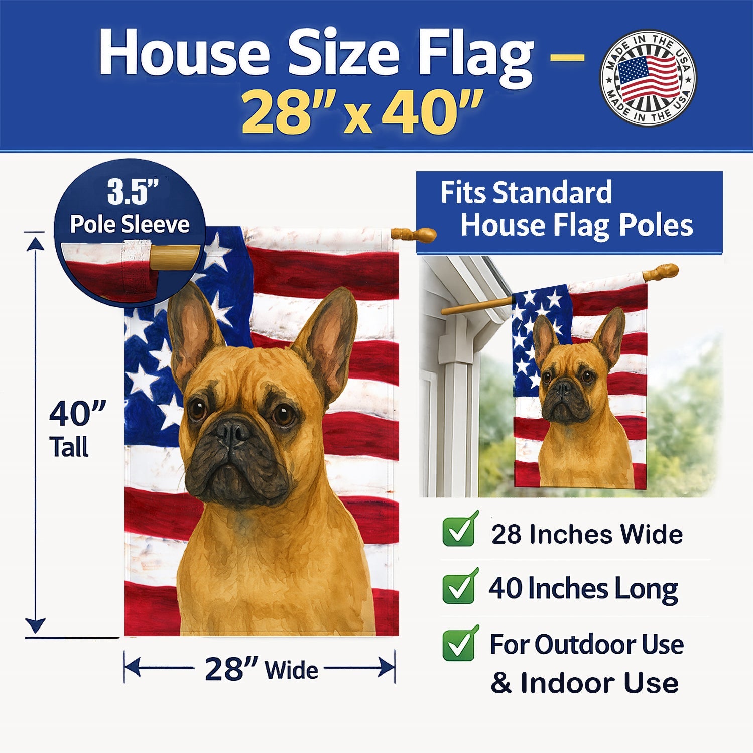 Fawn French Bulldog American Flag House Flag 28x40 Porch Sleeve Pole Decorative Outside Yard Banner Artwork Wall Hanging, Polyester