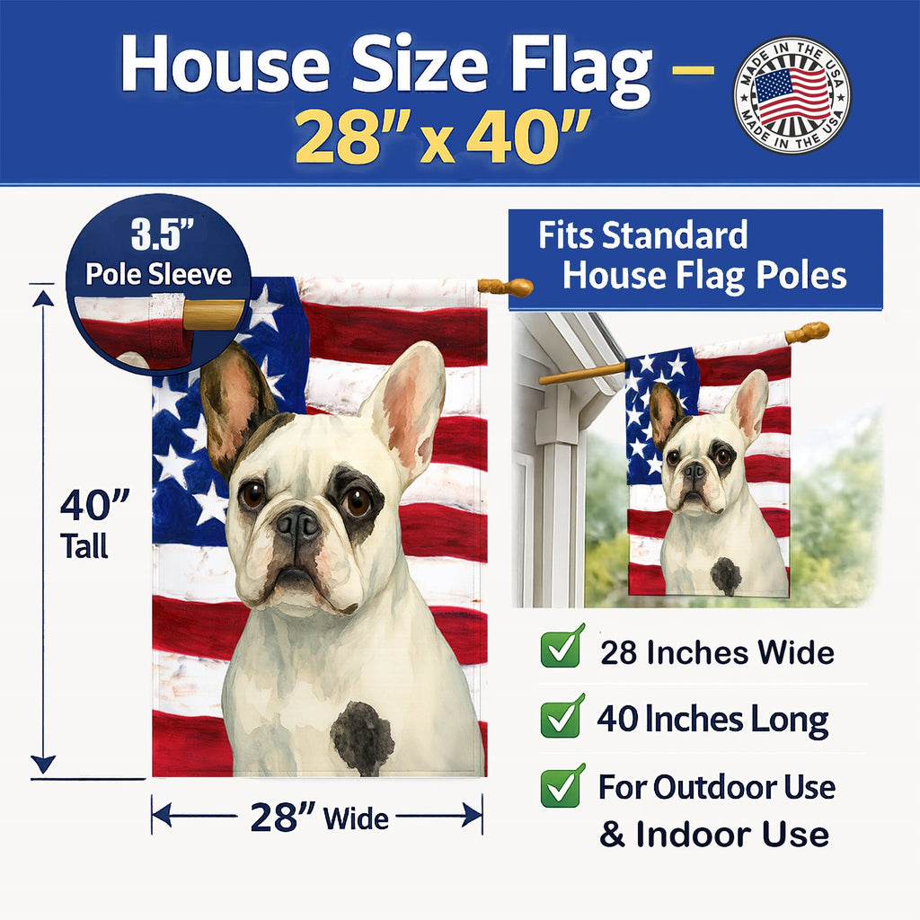Pied French Bulldog American Flag House Flag 28x40 Porch Sleeve Pole Decorative Outside Yard Banner Artwork Wall Hanging, Polyester