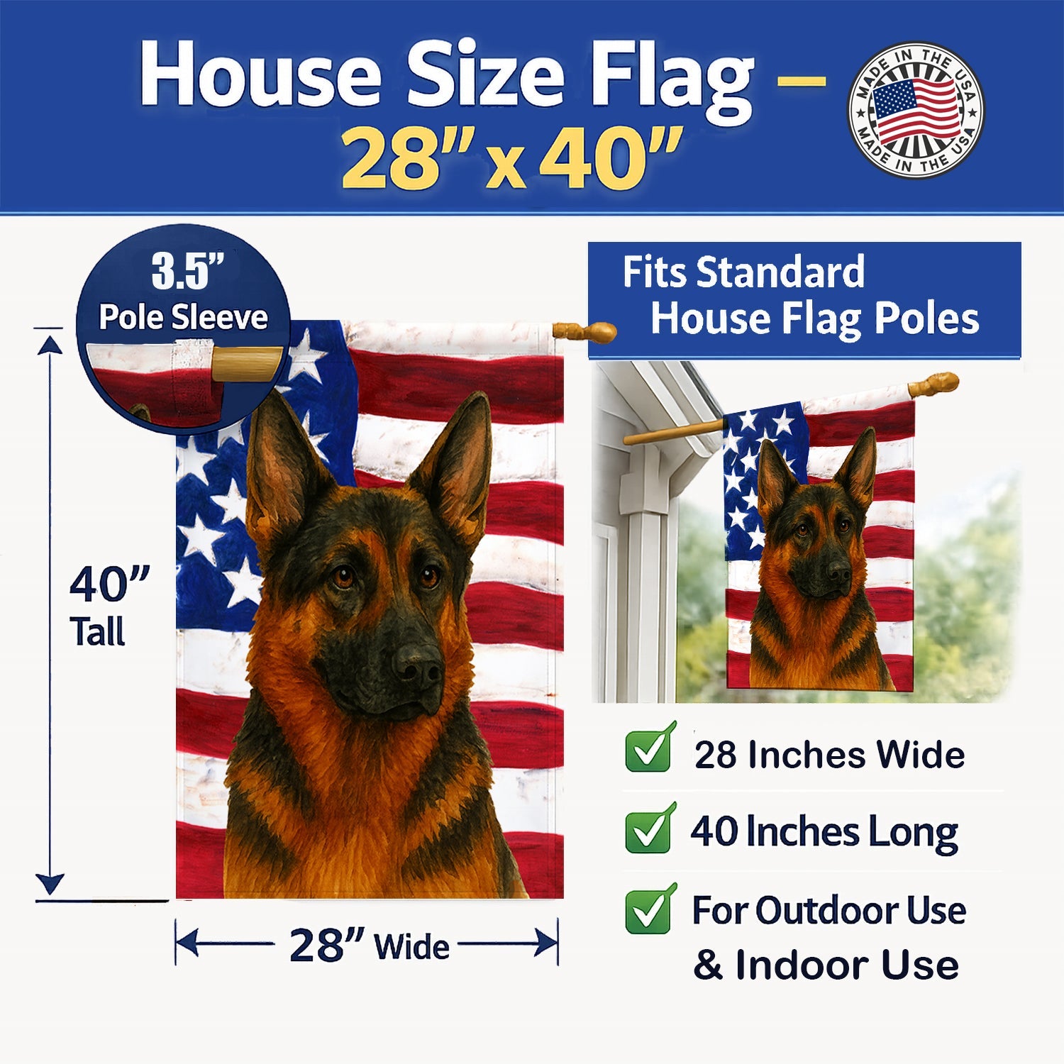 Black and Red German Shepherd American Flag House Flag 28x40 Porch Sleeve Pole Decorative Outside Yard Banner Artwork Wall Hanging, Polyester