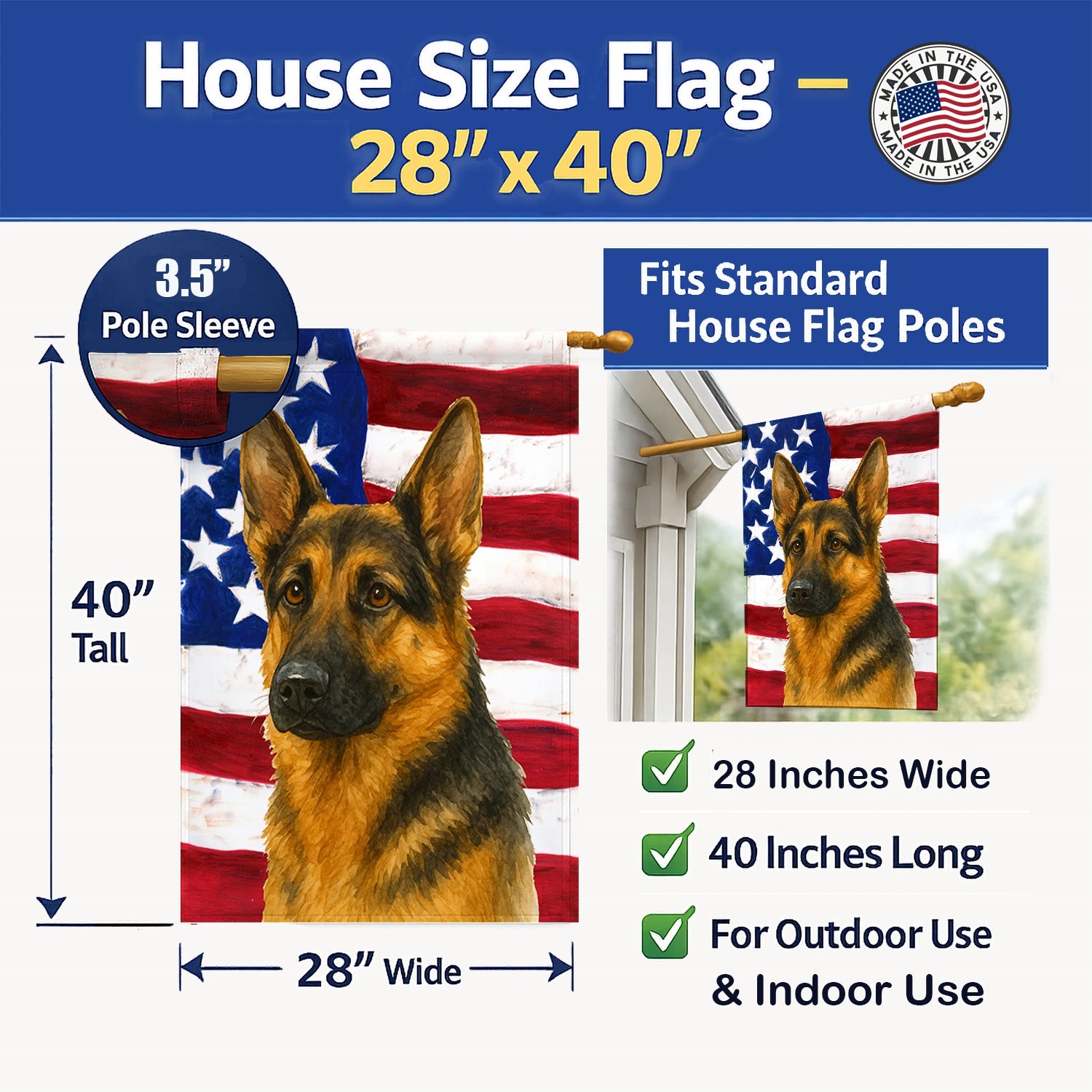 Black and Tan German Shepherd American Flag House Flag 28x40 Porch Sleeve Pole Decorative Outside Yard Banner Artwork Wall Hanging, Polyester