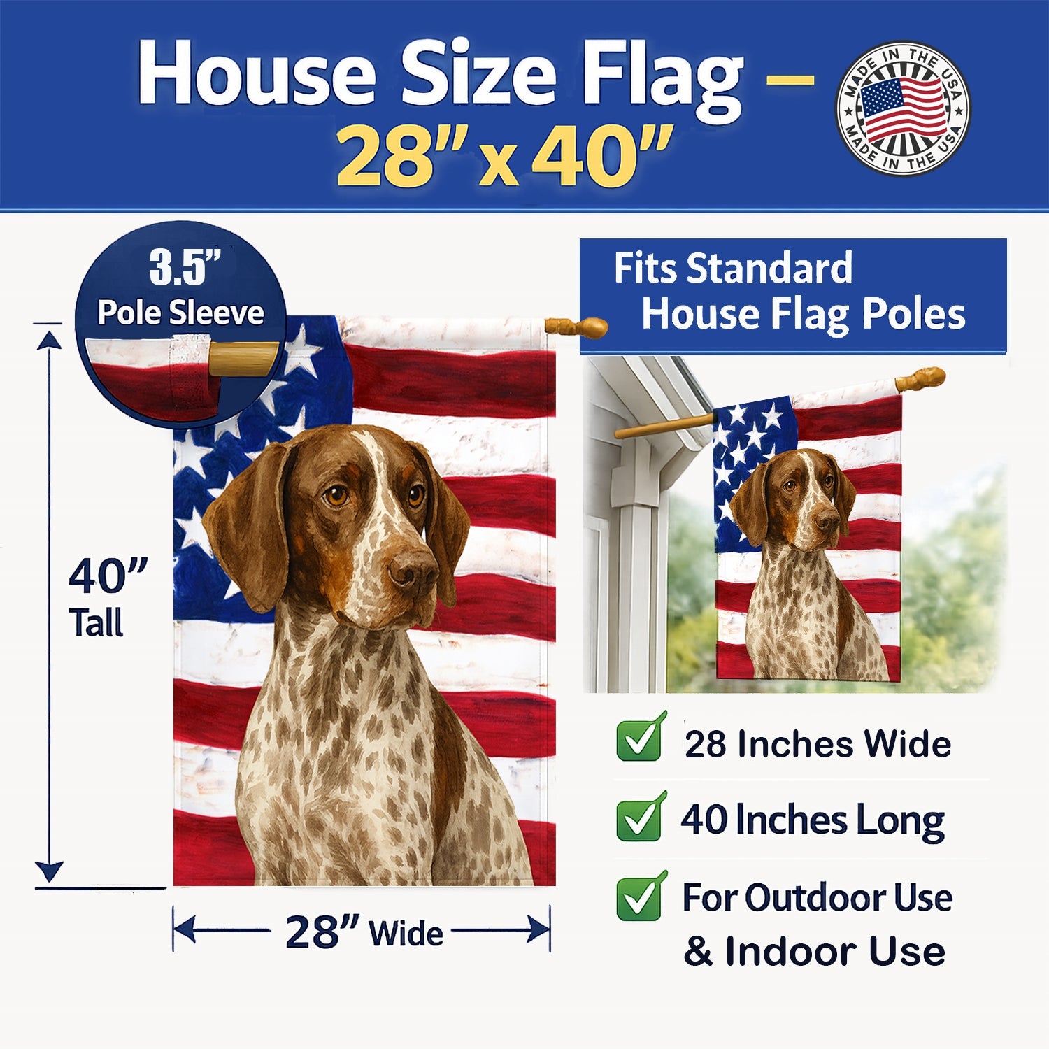 Liver and White German Shorthaired Pointer American Flag House Flag 28x40 Porch Sleeve Pole Decorative Outside Yard Banner Artwork Wall Hanging, Polyester