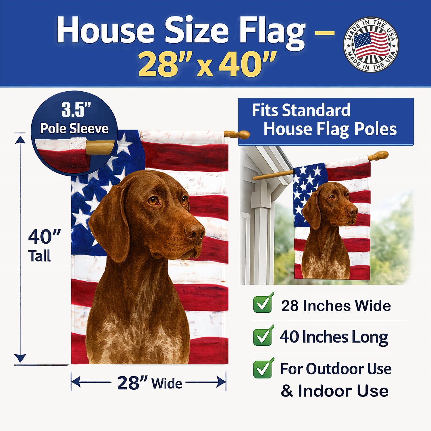 Liver German Shorthaired Pointer American Flag House Flag 28x40 Porch Sleeve Pole Decorative Outside Yard Banner Artwork Wall Hanging, Polyester