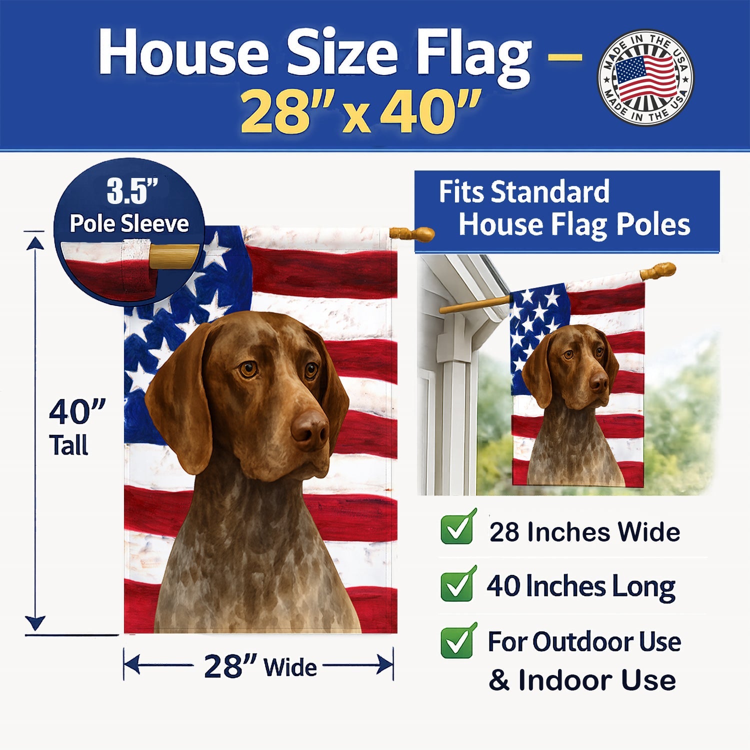 Roan German Shorthaired Pointer American Flag House Flag 28x40 Porch Sleeve Pole Decorative Outside Yard Banner Artwork Wall Hanging, Polyester