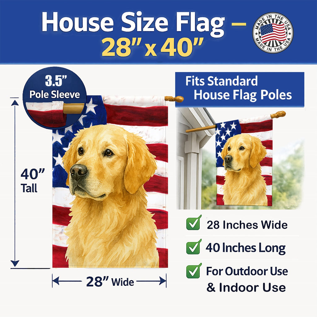 Light Golden Retriever American Flag House Flag 28x40 Porch Sleeve Pole Decorative Outside Yard Banner Artwork Wall Hanging, Polyester