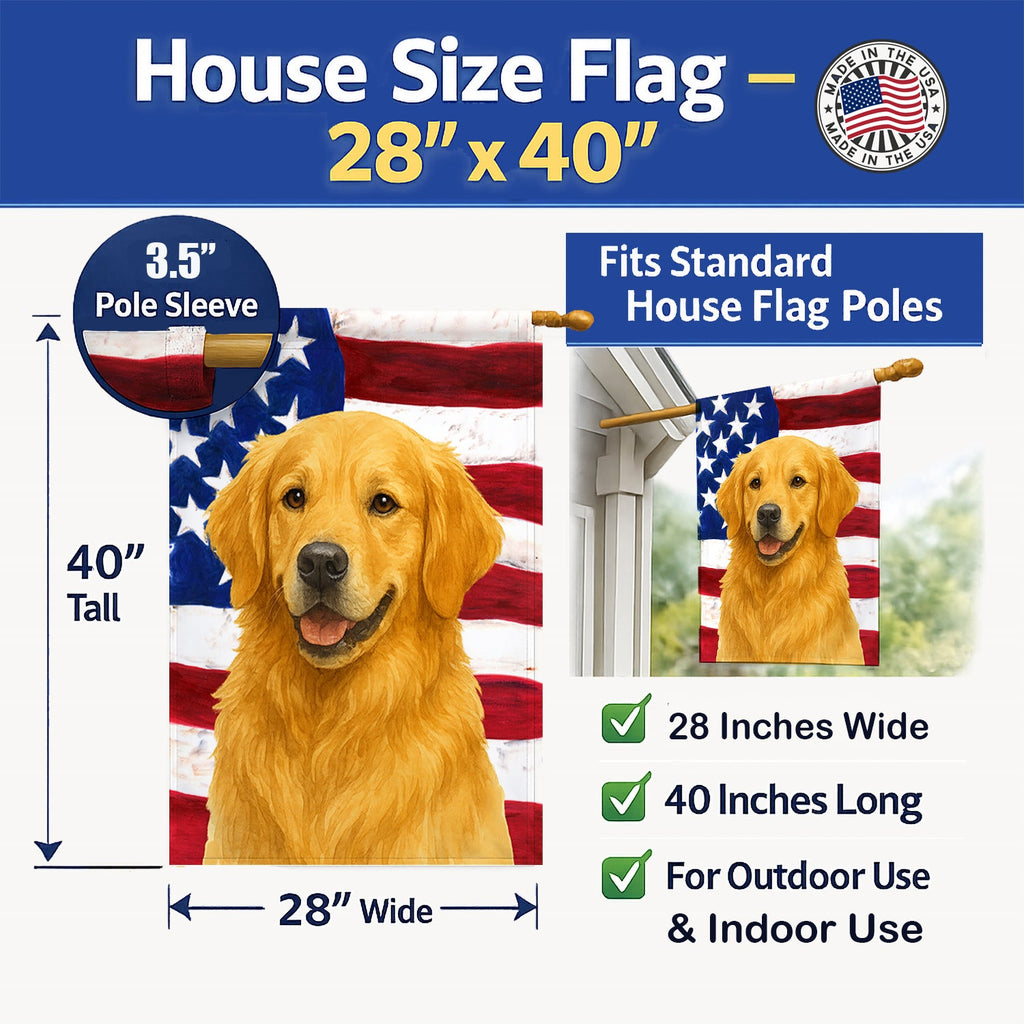Golden Retriever American Flag House Flag 28x40 Porch Sleeve Pole Decorative Outside Yard Banner Artwork Wall Hanging, Polyester