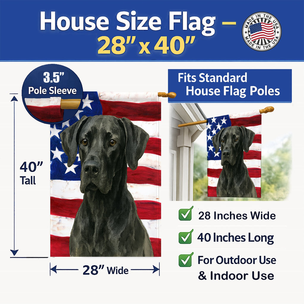 Black Great Dane American Flag House Flag 28x40 Porch Sleeve Pole Decorative Outside Yard Banner Artwork Wall Hanging, Polyester