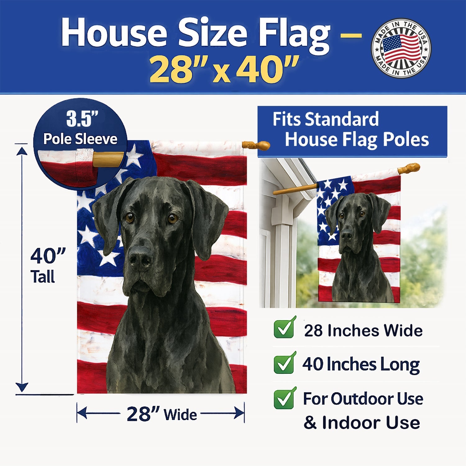 Black Great Dane American Flag House Flag 28x40 Porch Sleeve Pole Decorative Outside Yard Banner Artwork Wall Hanging, Polyester