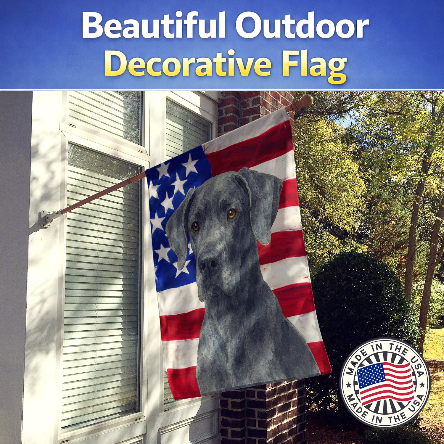 Blue Great Dane American Flag House Flag 28x40 Porch Sleeve Pole Decorative Outside Yard Banner Artwork Wall Hanging, Polyester