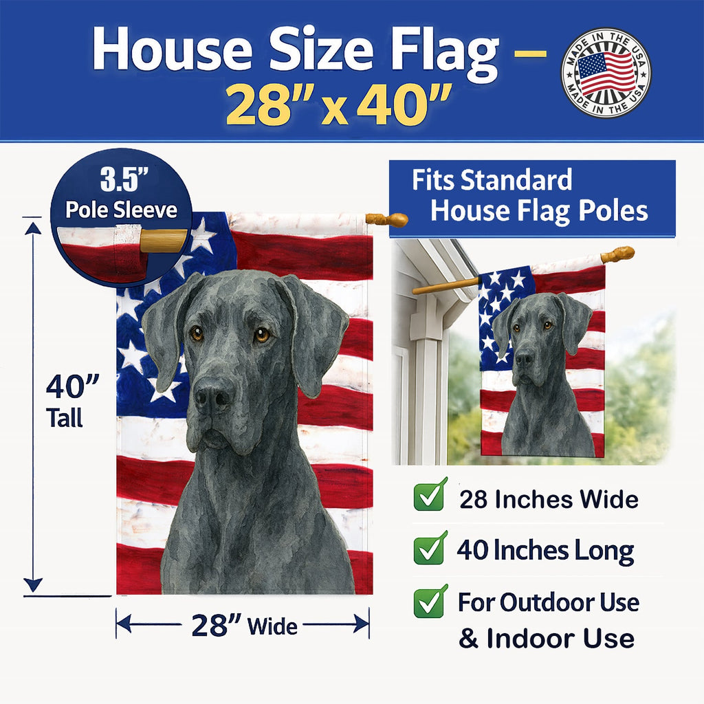 Blue Great Dane American Flag House Flag 28x40 Porch Sleeve Pole Decorative Outside Yard Banner Artwork Wall Hanging, Polyester