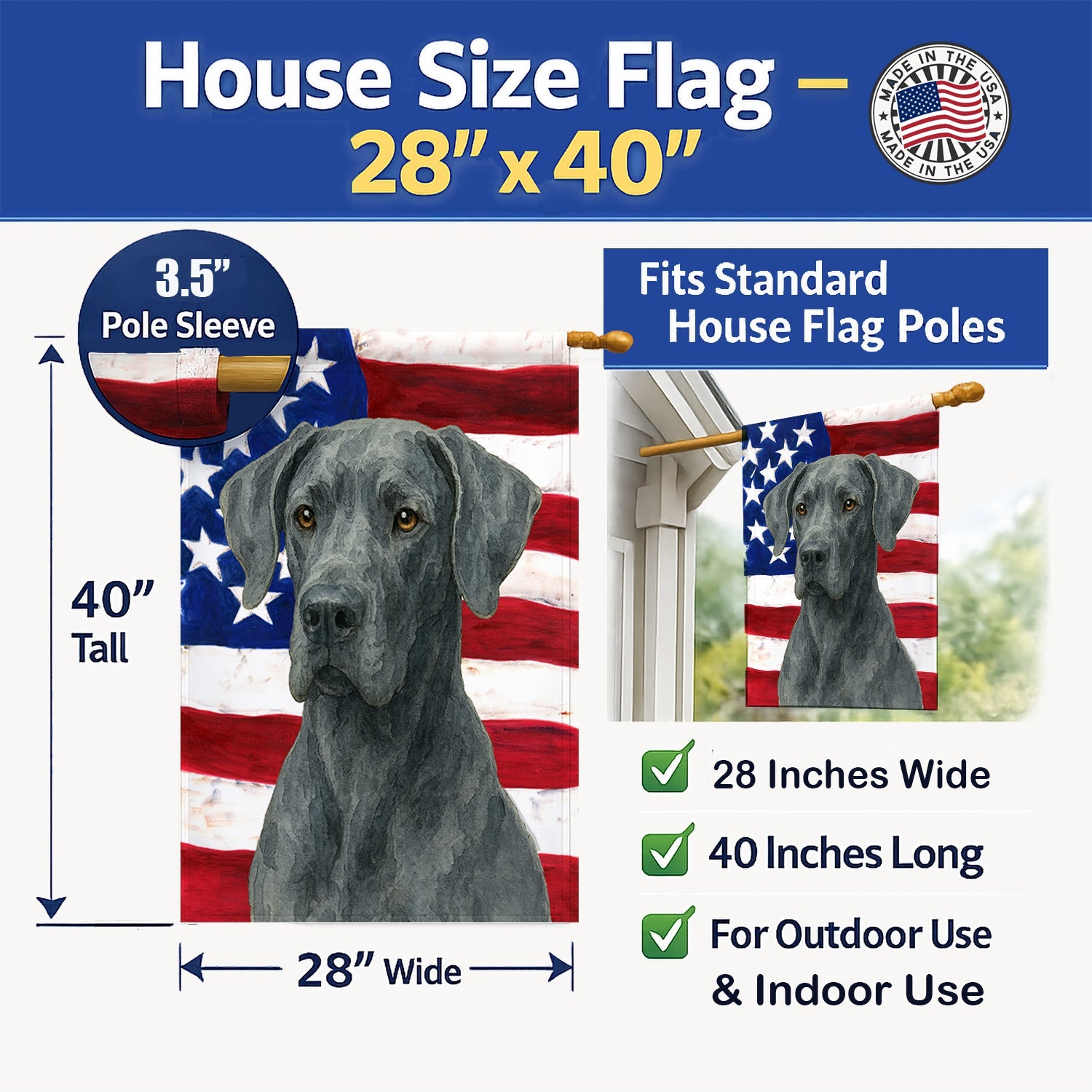 Blue Great Dane American Flag House Flag 28x40 Porch Sleeve Pole Decorative Outside Yard Banner Artwork Wall Hanging, Polyester