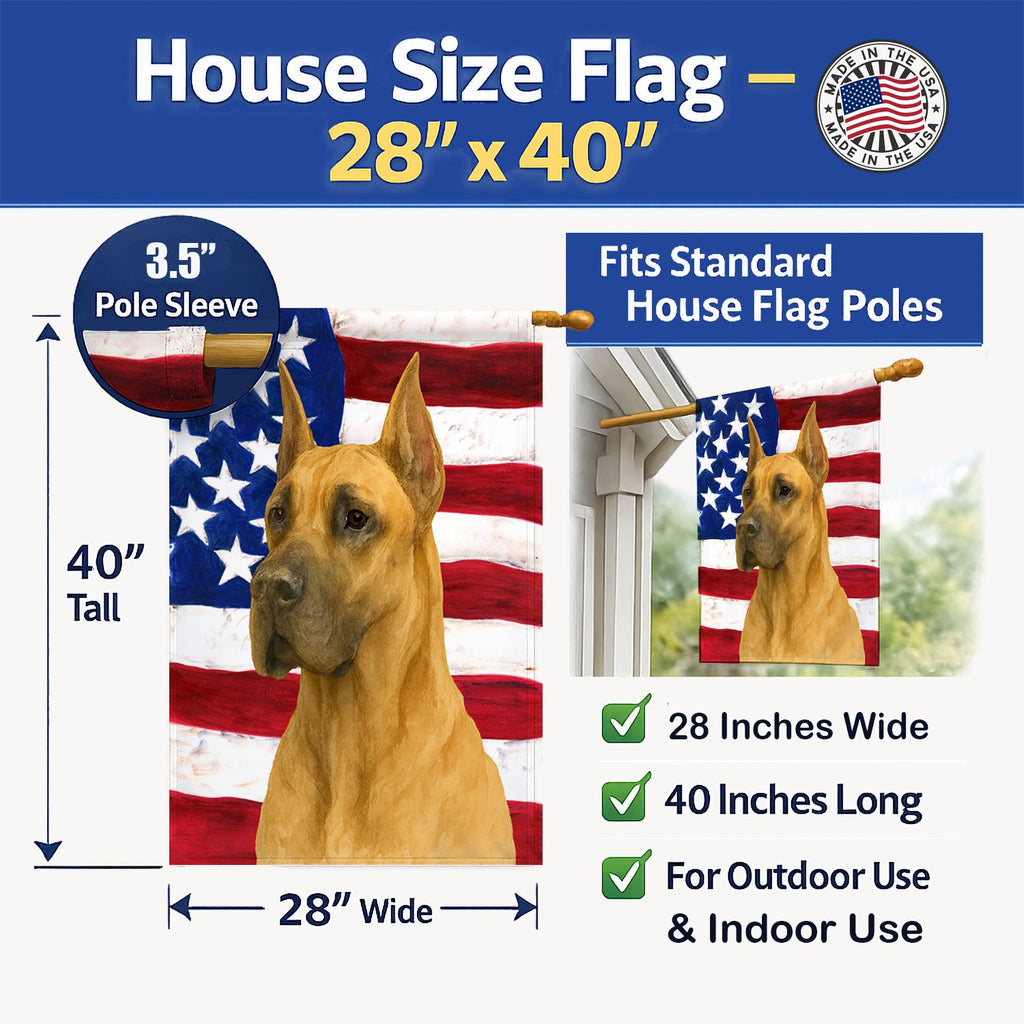Fawn Great Dane American Flag House Flag 28x40 Porch Sleeve Pole Decorative Outside Yard Banner Artwork Wall Hanging, Polyester