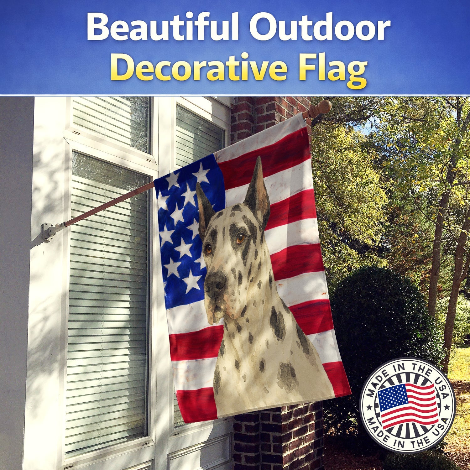 Harlequin Great Dane American Flag House Flag 28x40 Porch Sleeve Pole Decorative Outside Yard Banner Artwork Wall Hanging, Polyester
