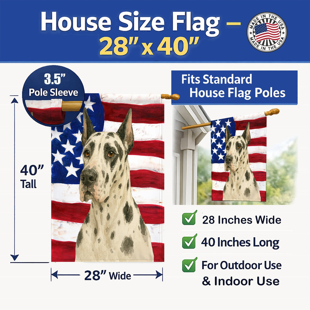 Harlequin Great Dane American Flag House Flag 28x40 Porch Sleeve Pole Decorative Outside Yard Banner Artwork Wall Hanging, Polyester