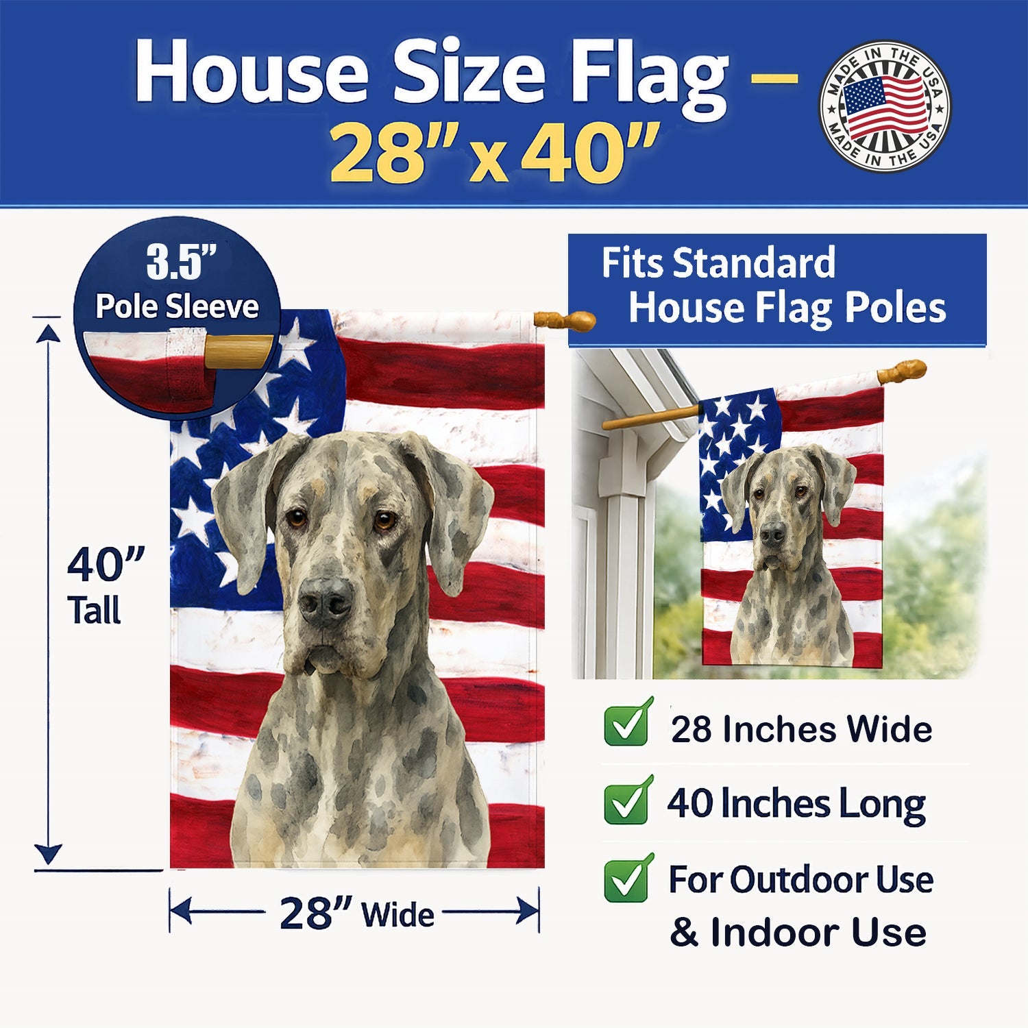 Merle Great Dane American Flag House Flag 28x40 Porch Sleeve Pole Decorative Outside Yard Banner Artwork Wall Hanging, Polyester