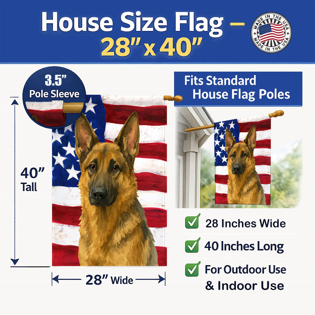 Sable German Shepherd American Flag House Flag 28x40 Porch Sleeve Pole Decorative Outside Yard Banner Artwork Wall Hanging, Polyester