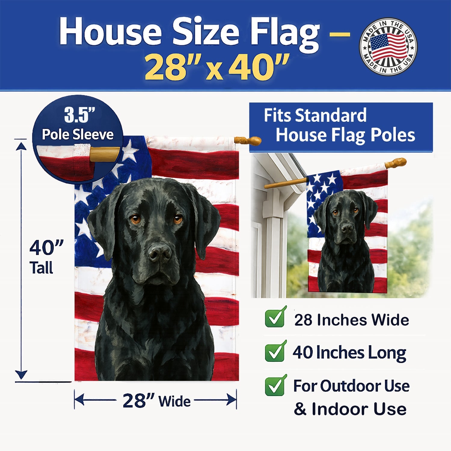 Black Labrador Retriever American Flag House Flag 28x40 Porch Sleeve Pole Decorative Outside Yard Banner Artwork Wall Hanging, Polyester